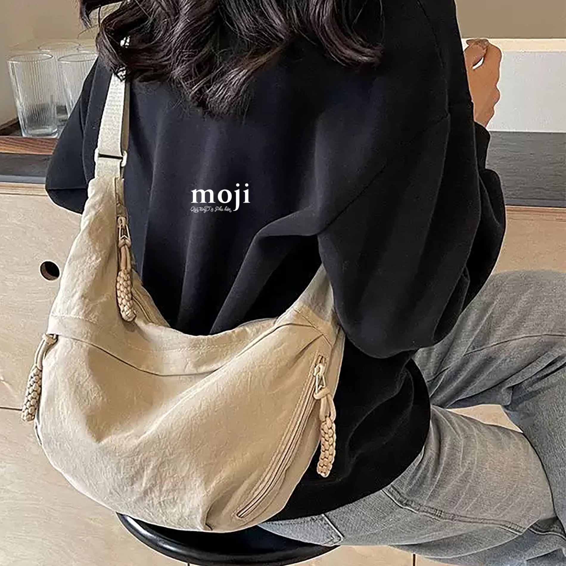 Túi đeo chéo vải nhăn nhẹ ngăn ngoài đường chéo 7x23x38