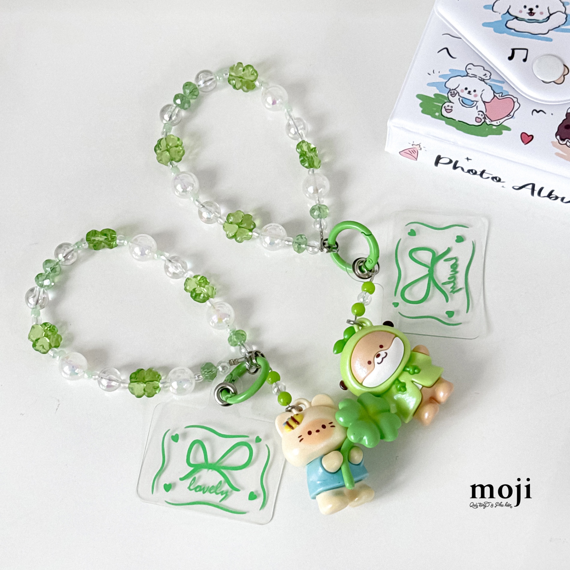 Dây đeo điện thoại Cute cat dog cỏ may mắn kèm phụ kiện
