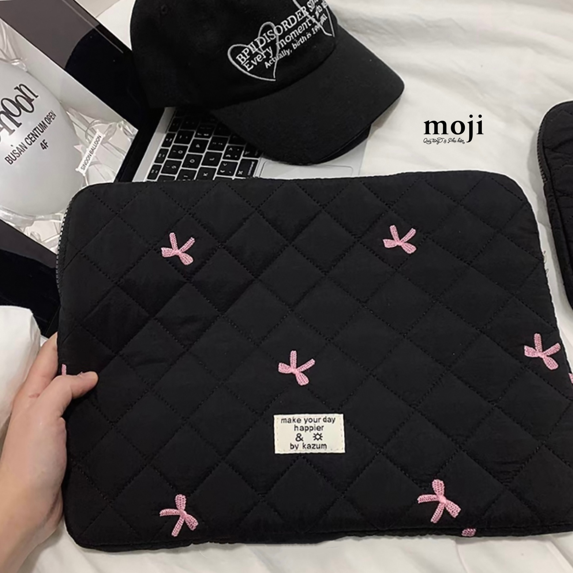 Đựng laptop 15inch Little bow nơ nền màu ô vuông chống sốc cao cấp 29x37