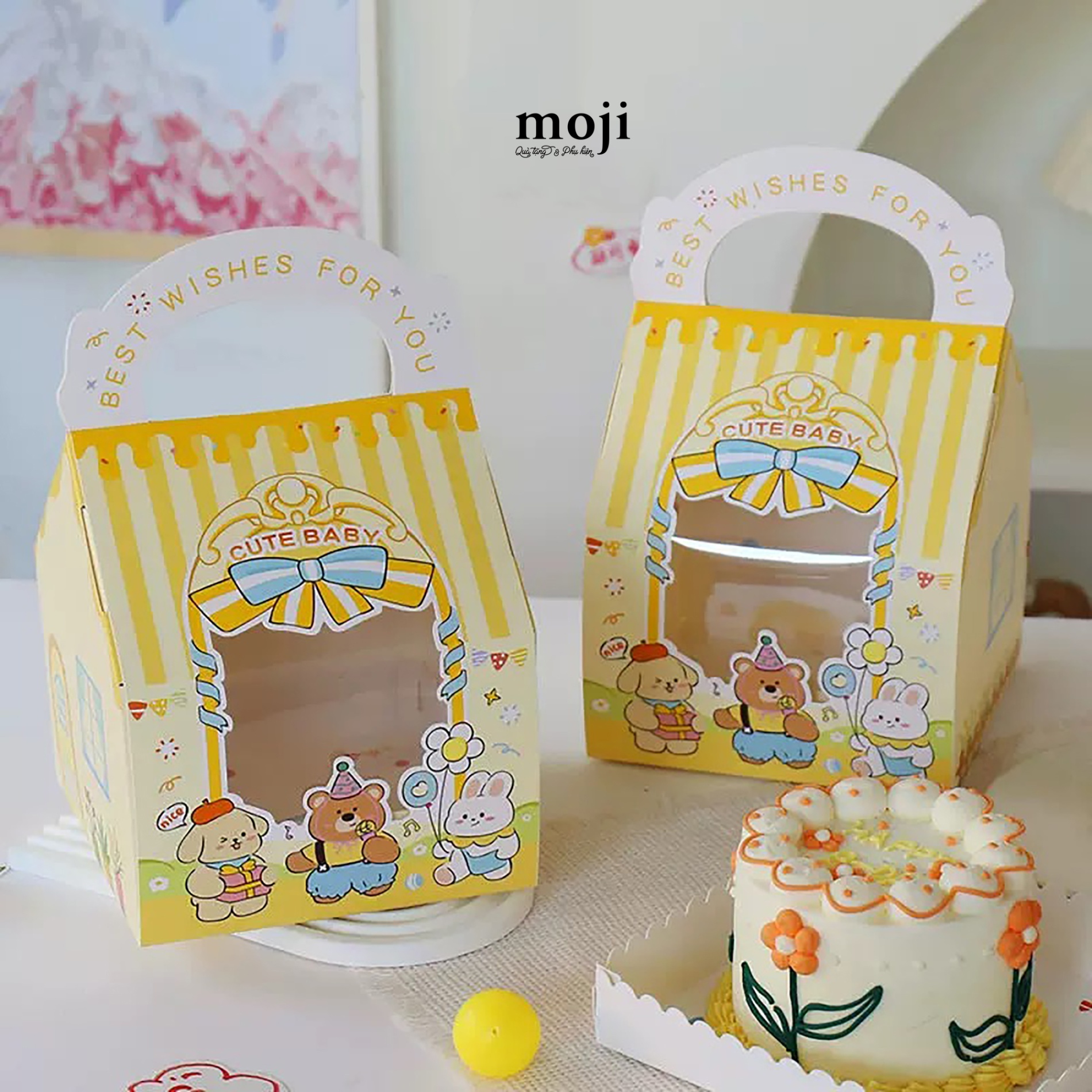 Hộp quà giấy gấp Cute animal house best wishes for you 15x15x24