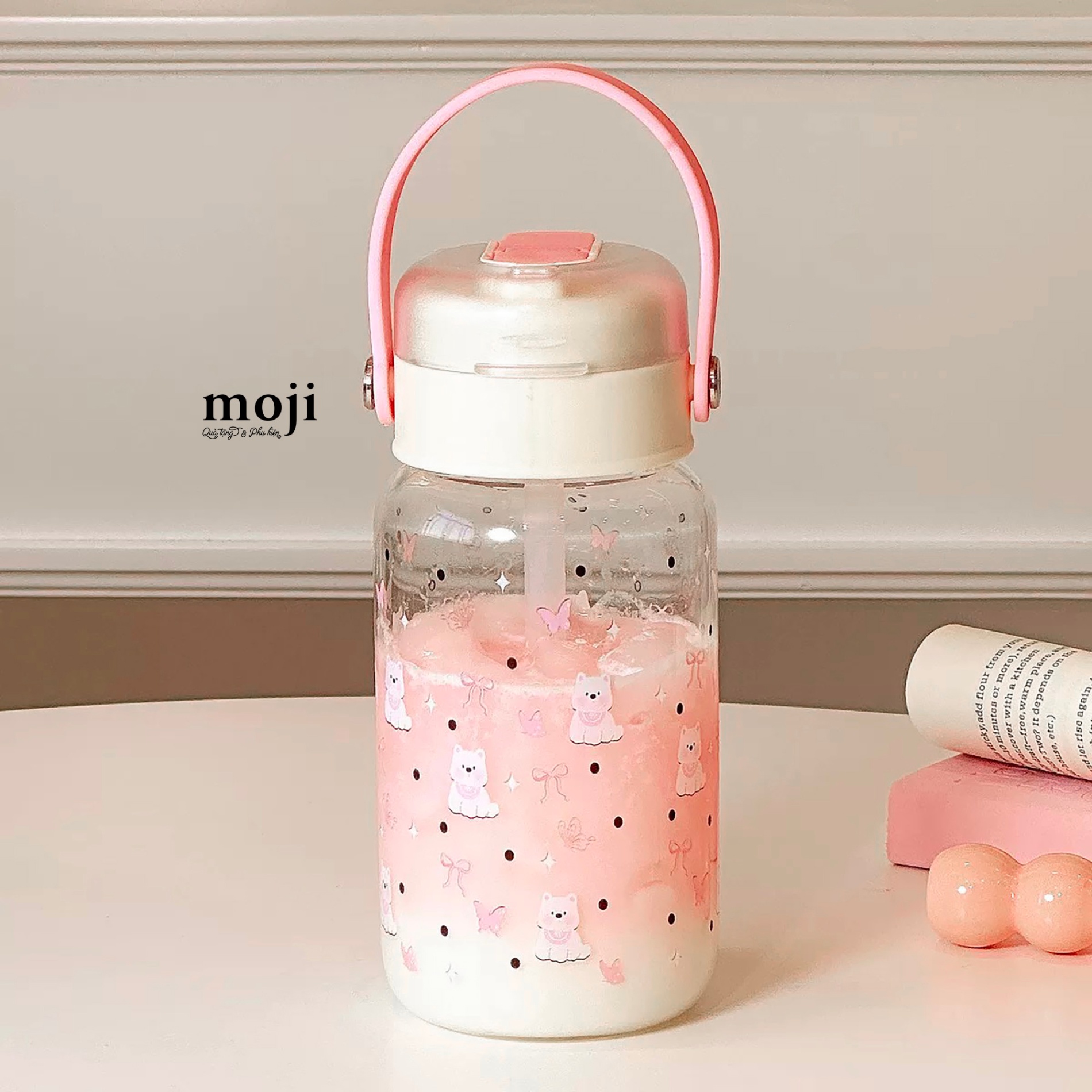 Bình nước thủy tinh Cute dog puppy nơ ruy băng chấm bi 500ml