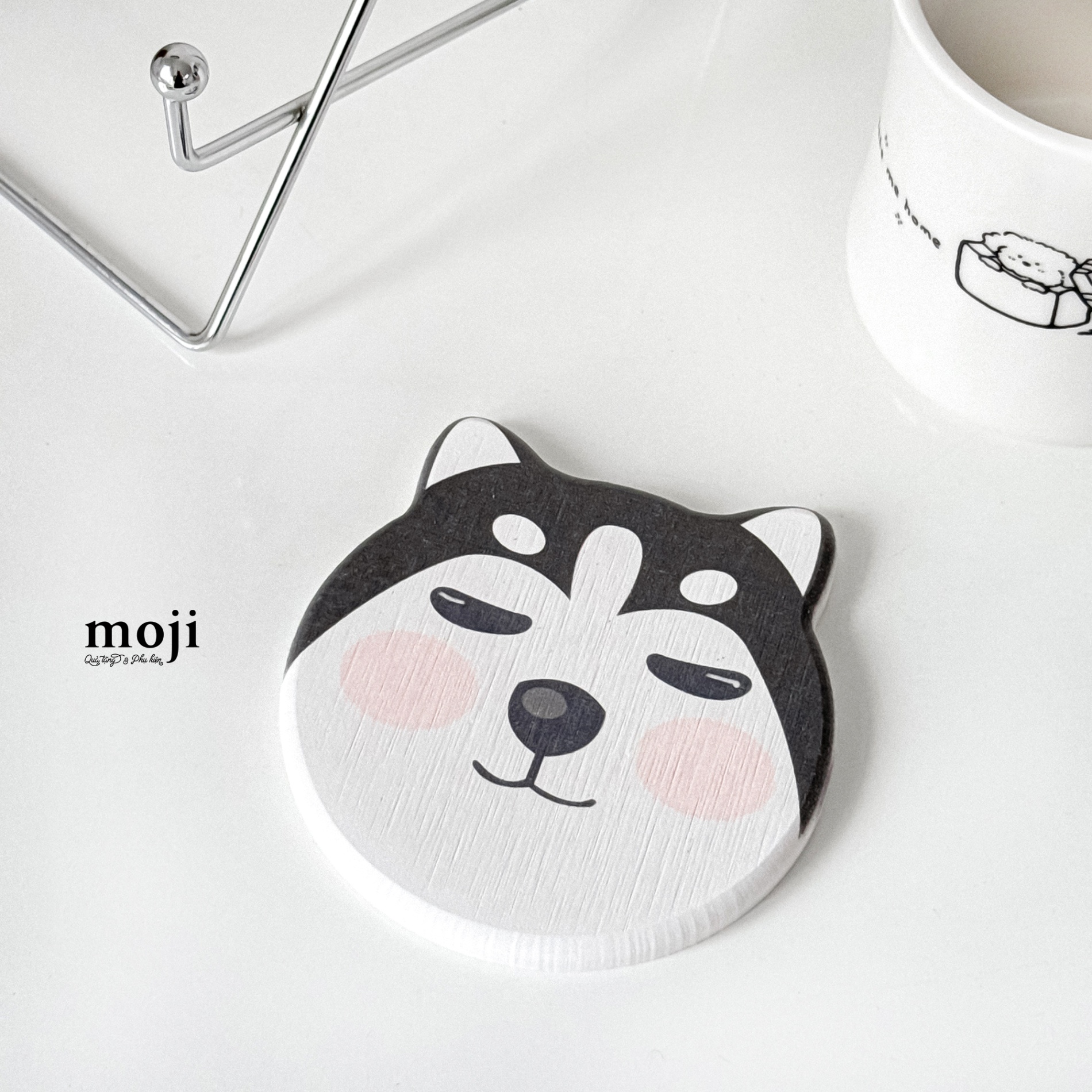 Lót cốc Husky dog face má hồng có tai 10cm