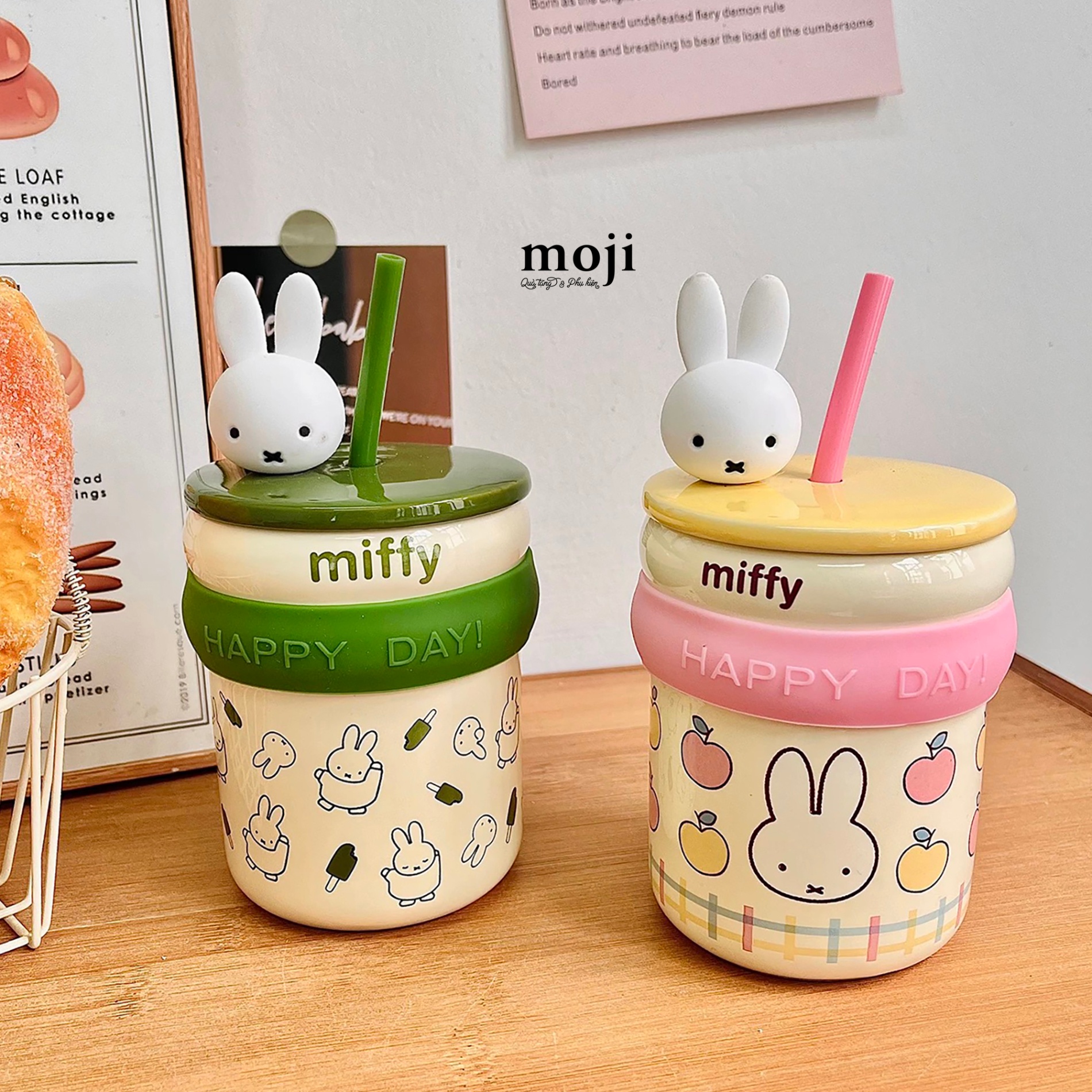 Ly cốc sứ Miffy rabbit face fruit ice cream happy day kèm ống hút 450ml