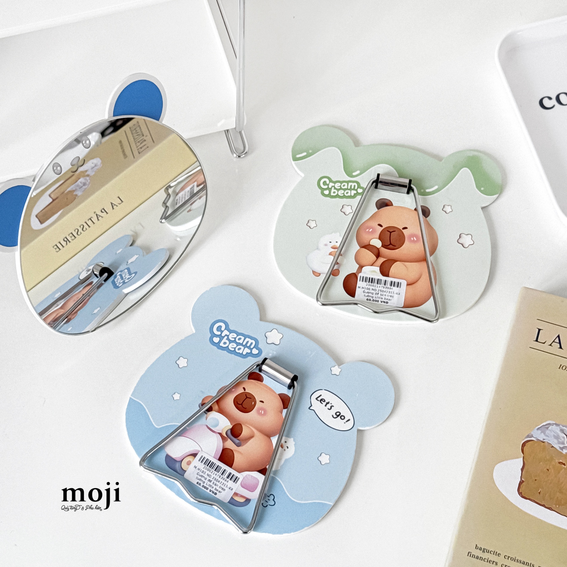 Gương để bàn treo tường Little bear face capybara cream bear 16x16