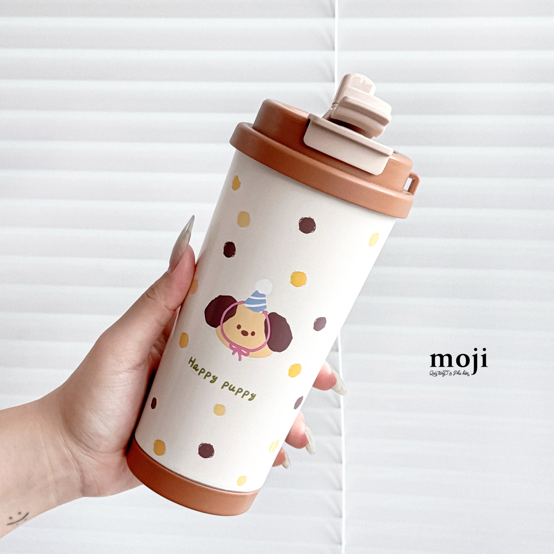 Ly cốc giữ nhiệt Happy puppy dog face đội mũ party chấm màu sắc 550ml
