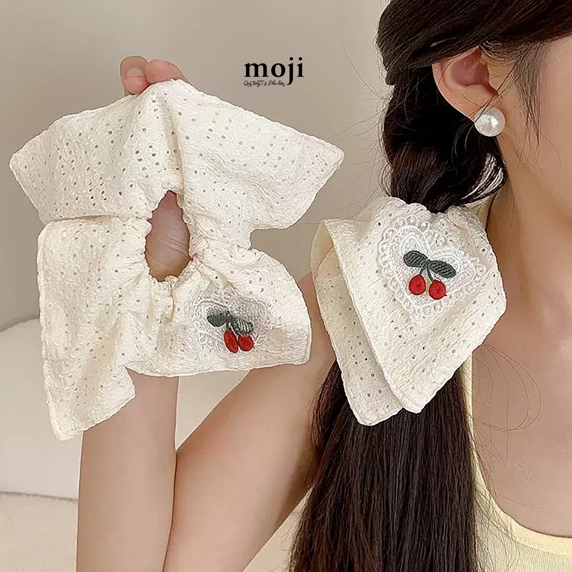 Buộc tóc scrunchies Fruit cherry heart chấm tròn rỗng