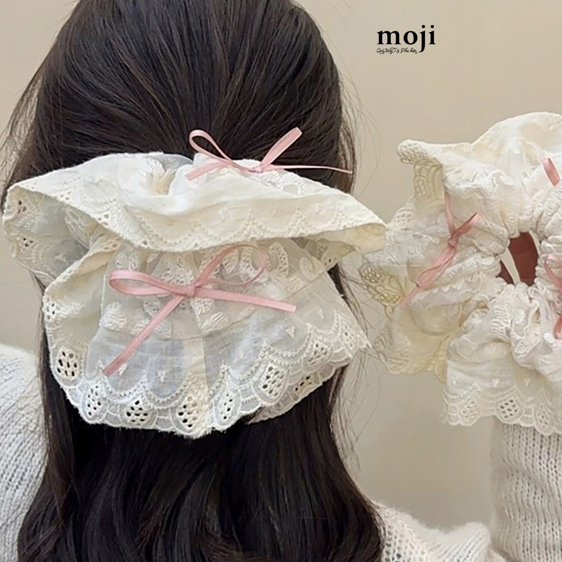 Buộc tóc scrunchies vải ren đính nơ nhỏ