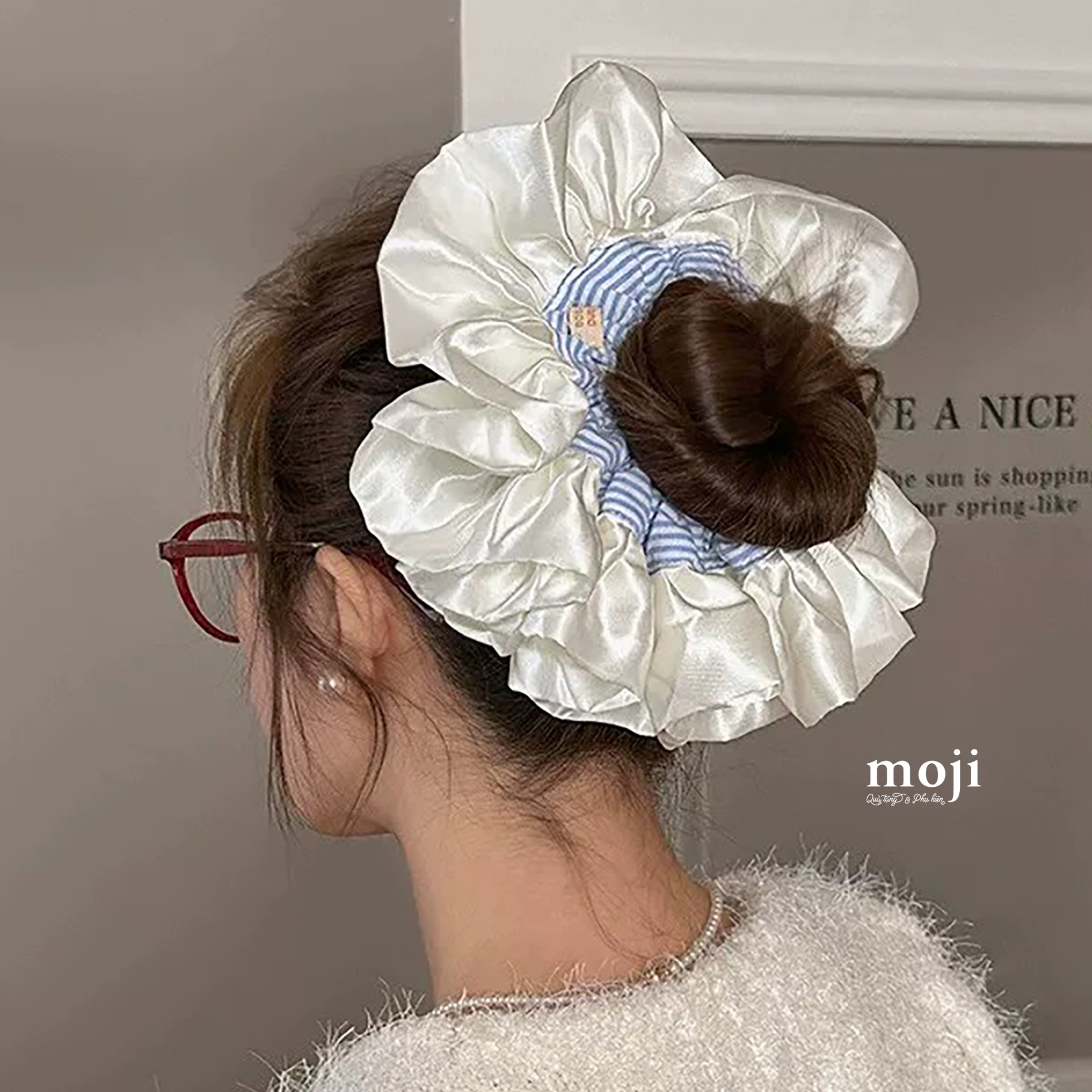 Buộc tóc scrunchies Basic kẻ ngang có viền bản to