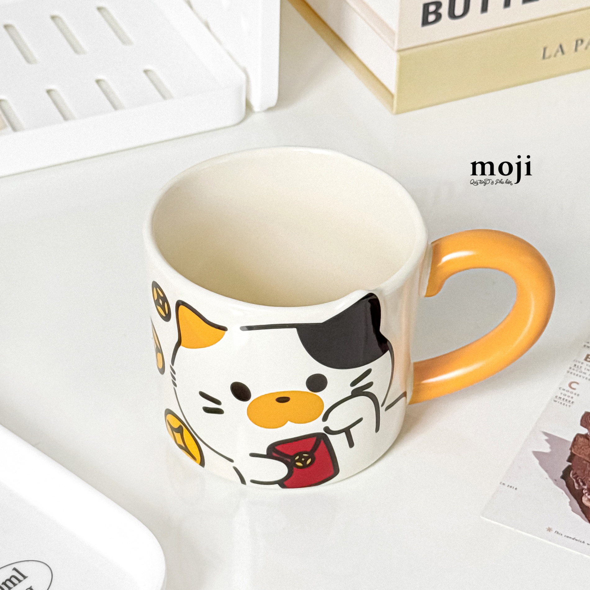 Ly cốc sứ Cute cat vẫy tiền vàng 350ml