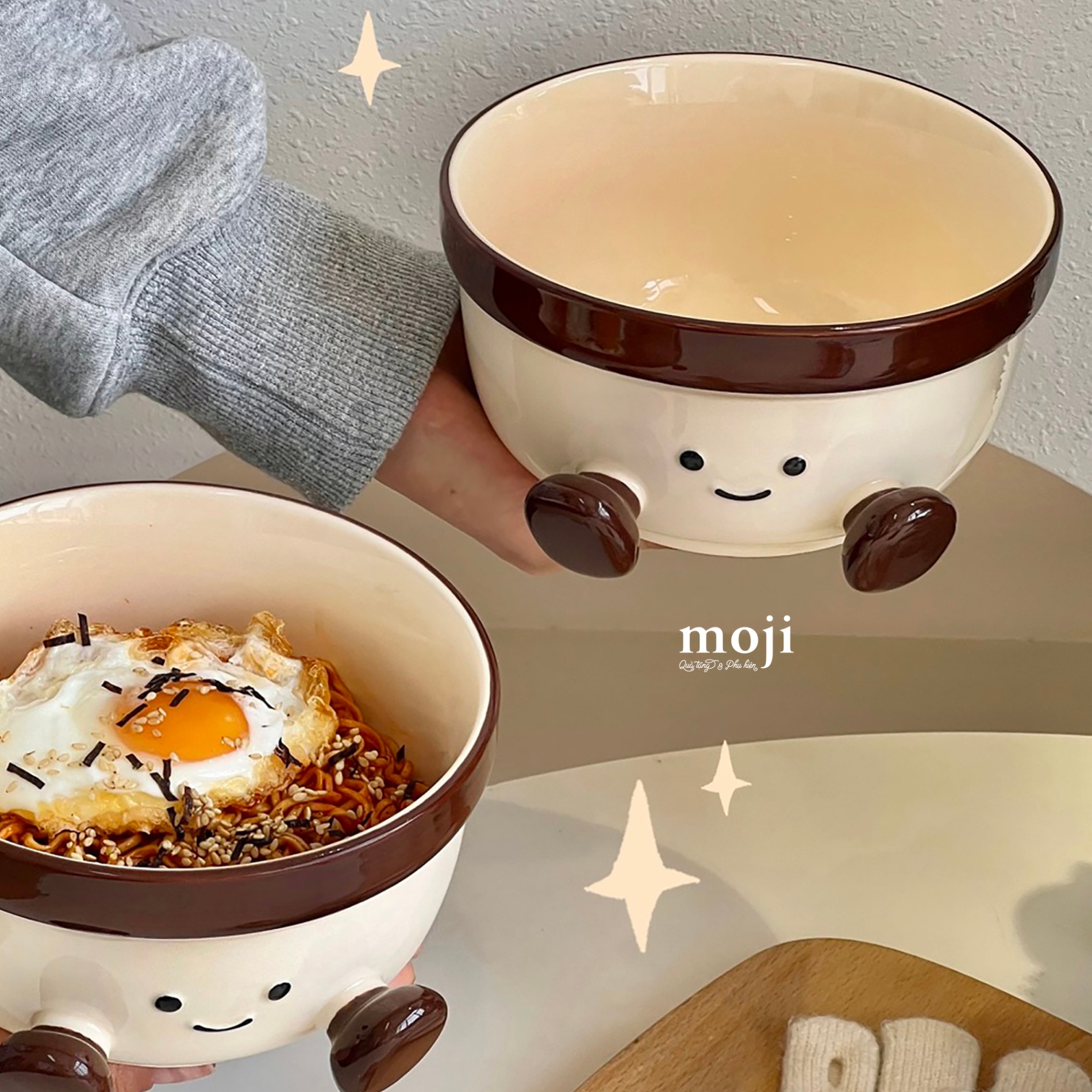 Chén bát gốm sứ Happy face viền màu ngồi có chân 8x15