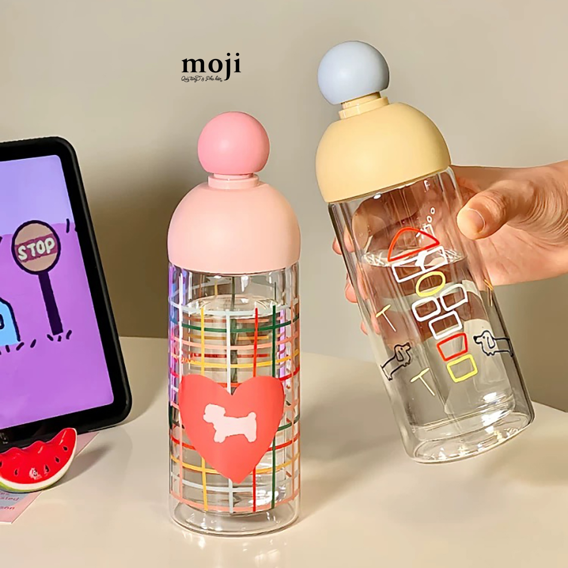 Bình nước thủy tinh Happy dog đội mũ heart 230ml