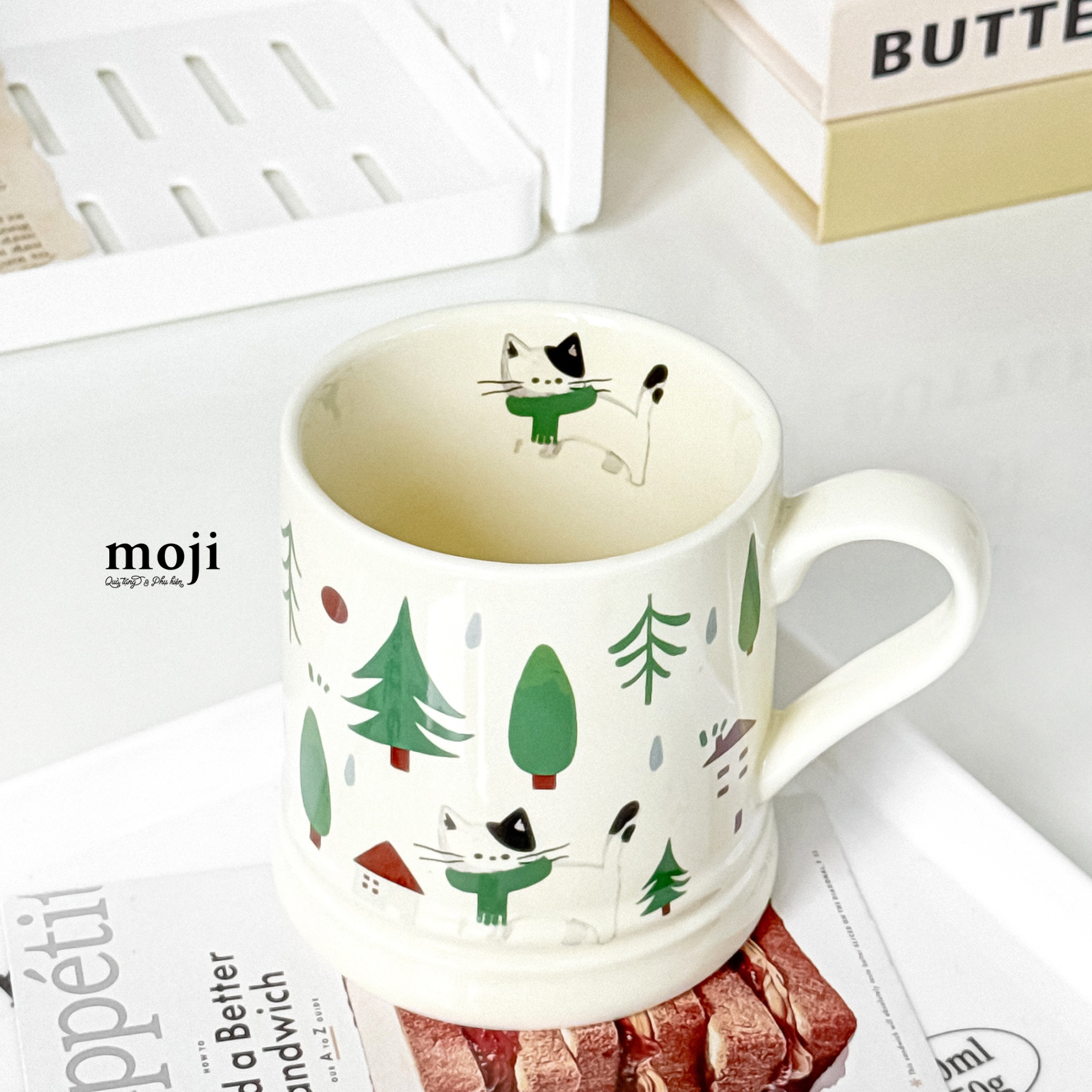 Ly cốc sứ Cute cat winter rừng cây 340ml