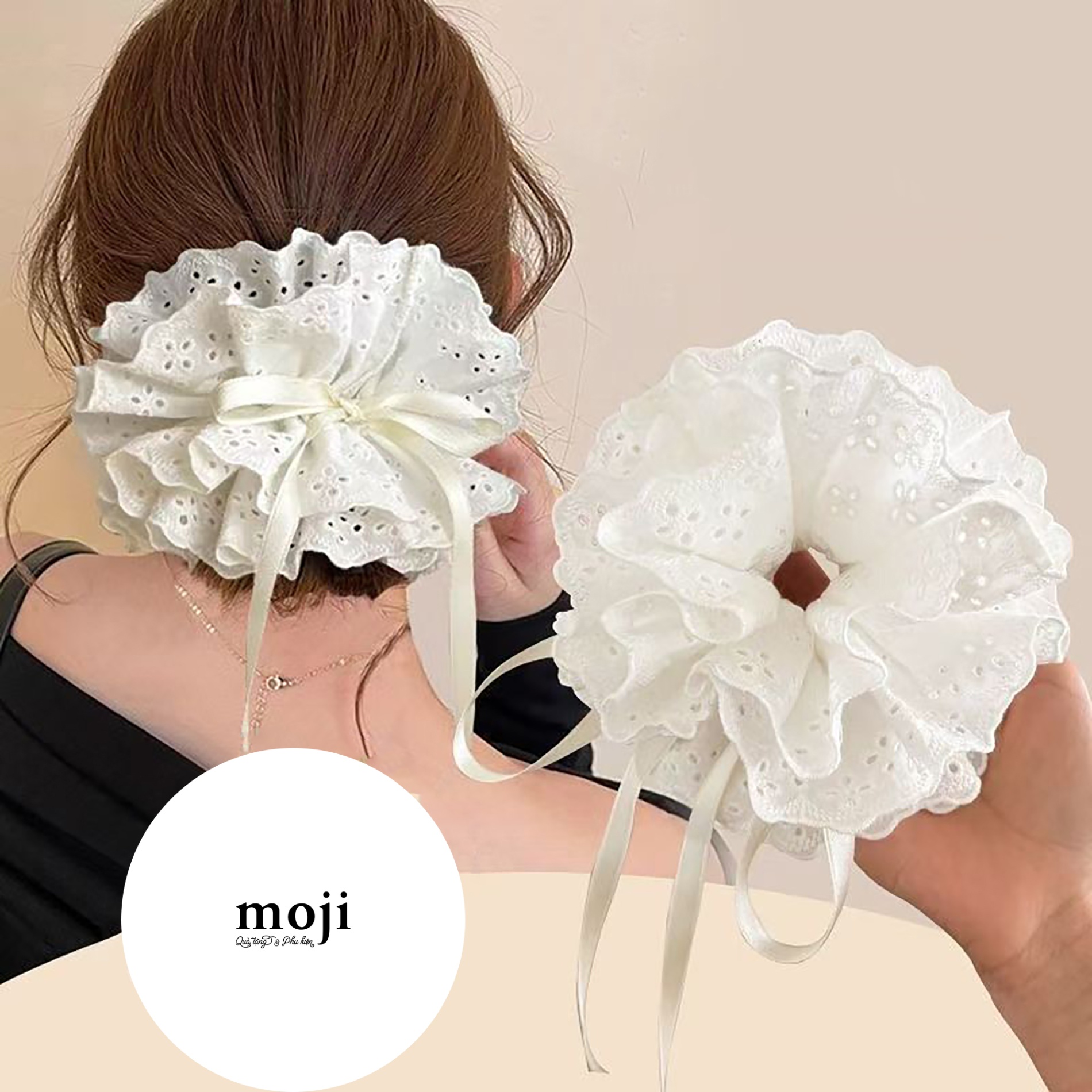 Buộc tóc scrunchies Basic hoa rỗng 4 tầng thắt nơ