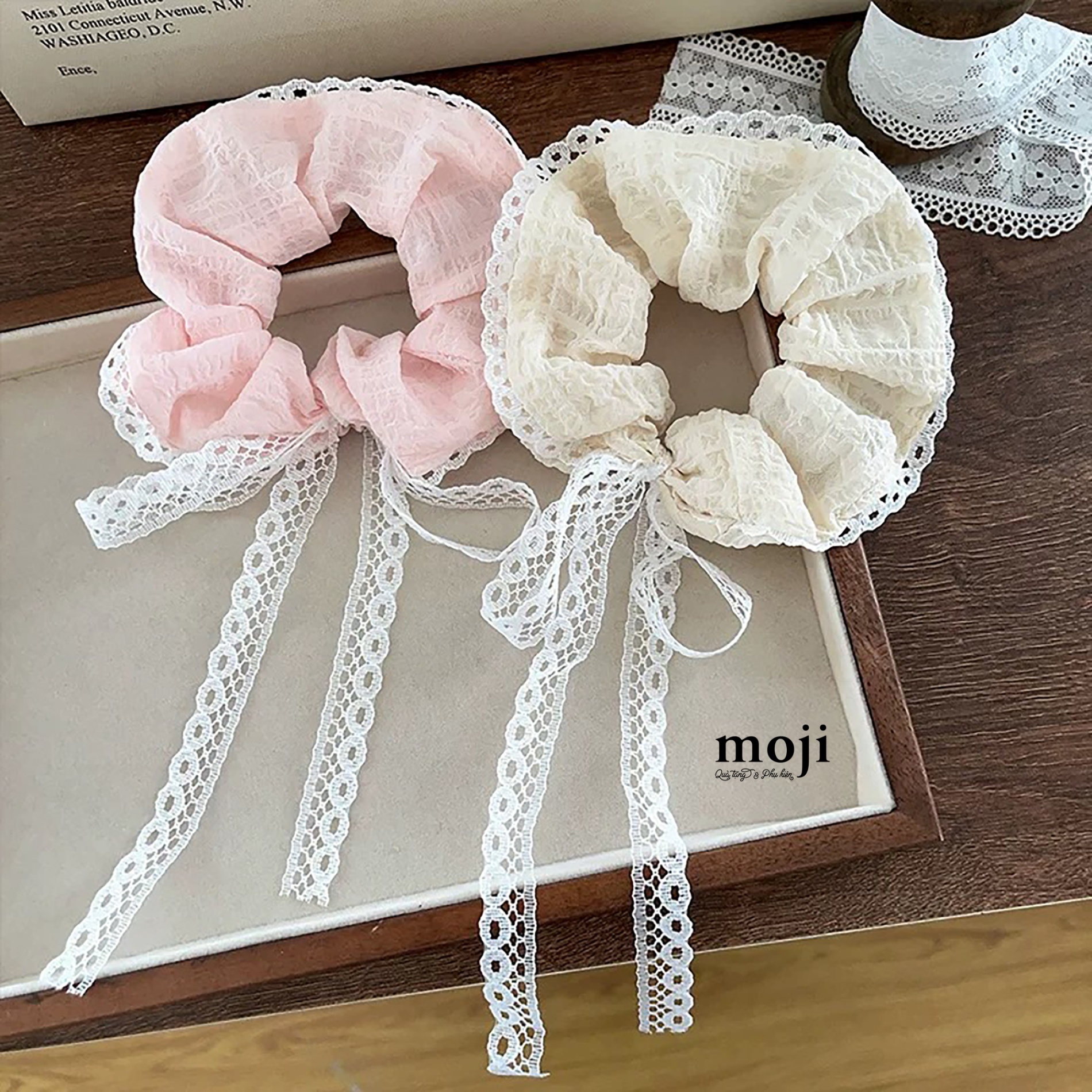 Buộc tóc scrunchies Basic viền ren thắt nơ dây dài