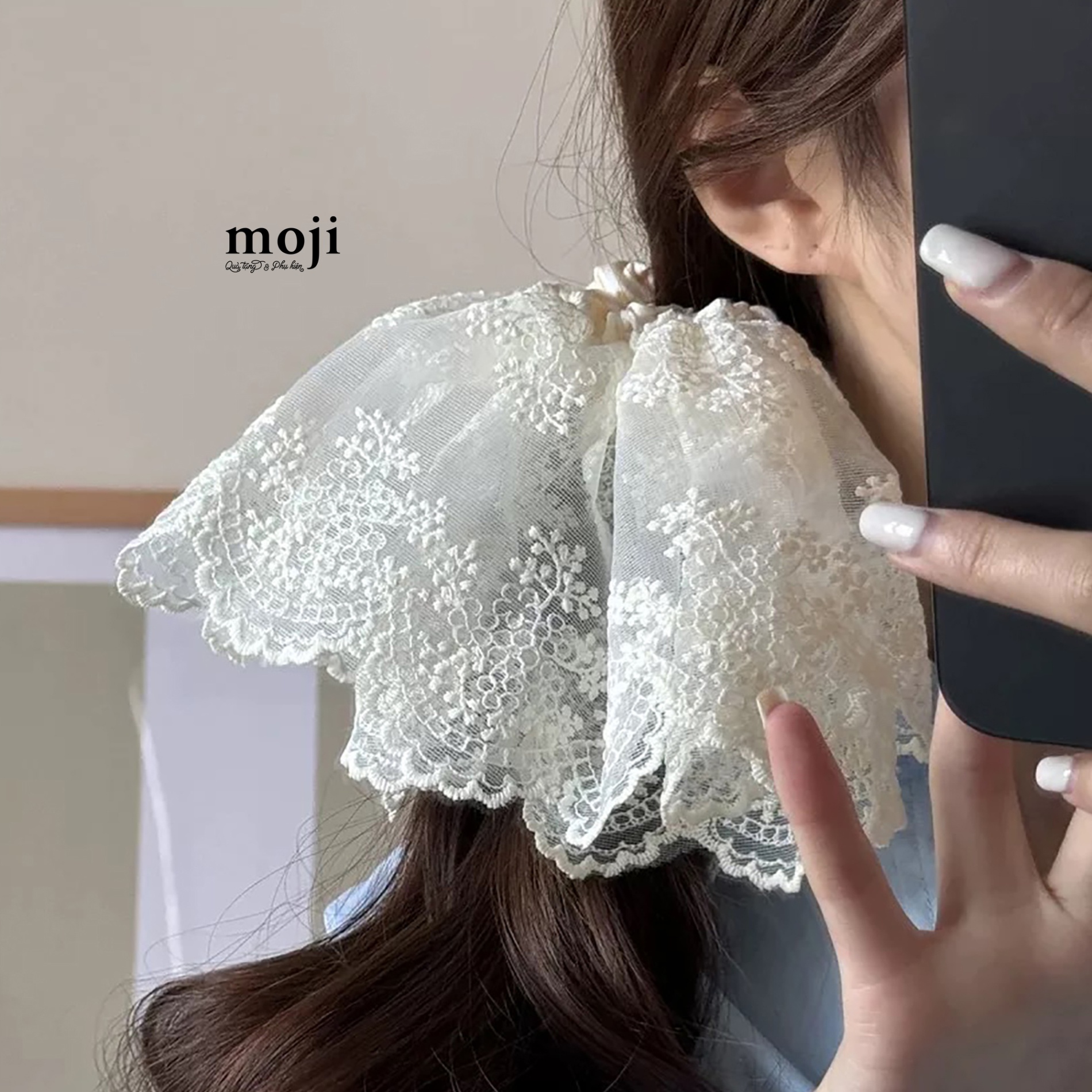 Buộc tóc scrunchies Basic vải voan họa tiết cành lá