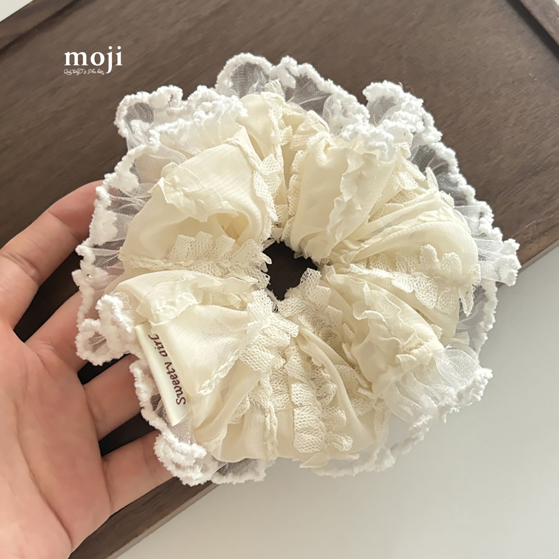 Buộc tóc scrunchies vải ren họa tiết nhún