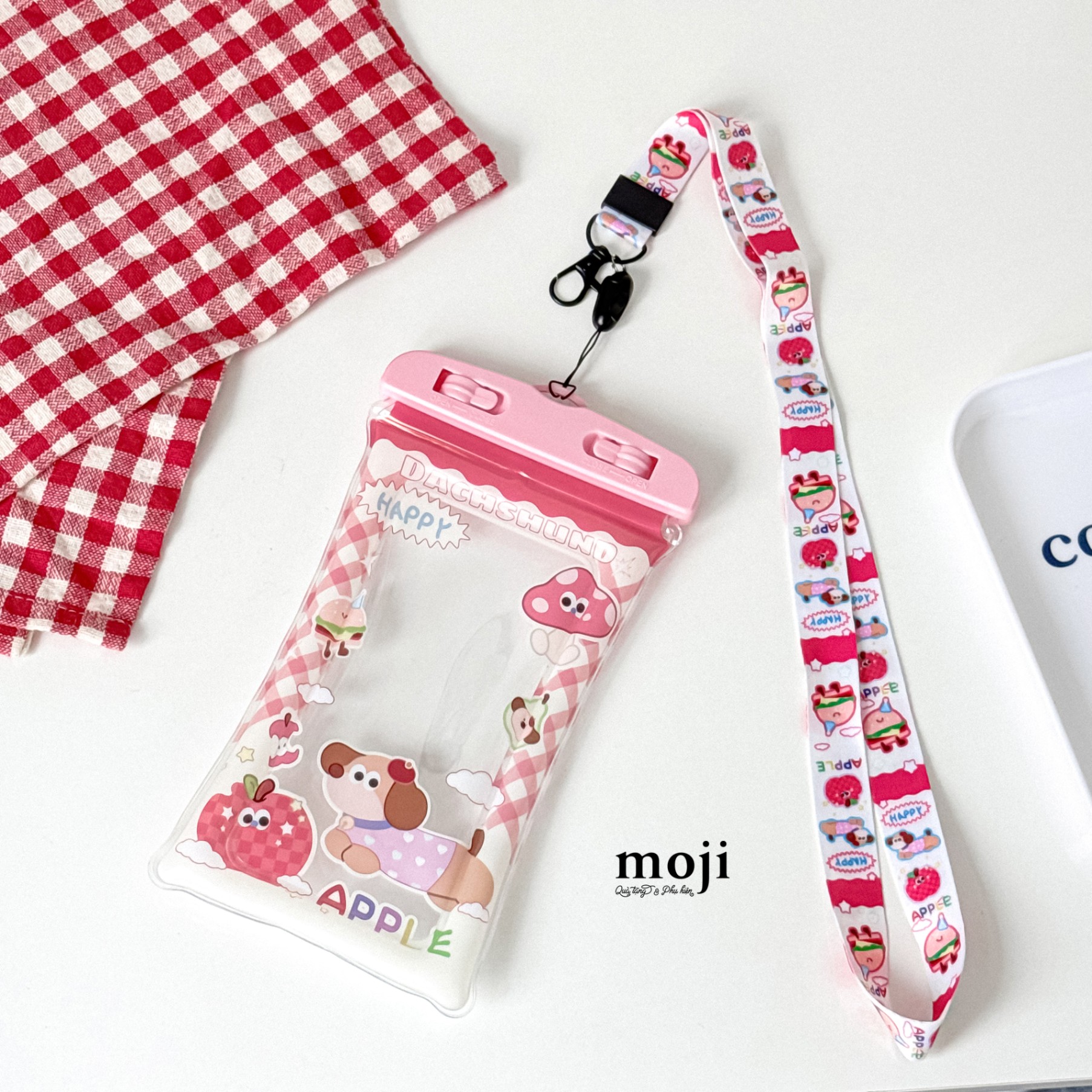 Túi chống nước điện thoại viền phao Dog Dachshund happy fruit apple hamburger