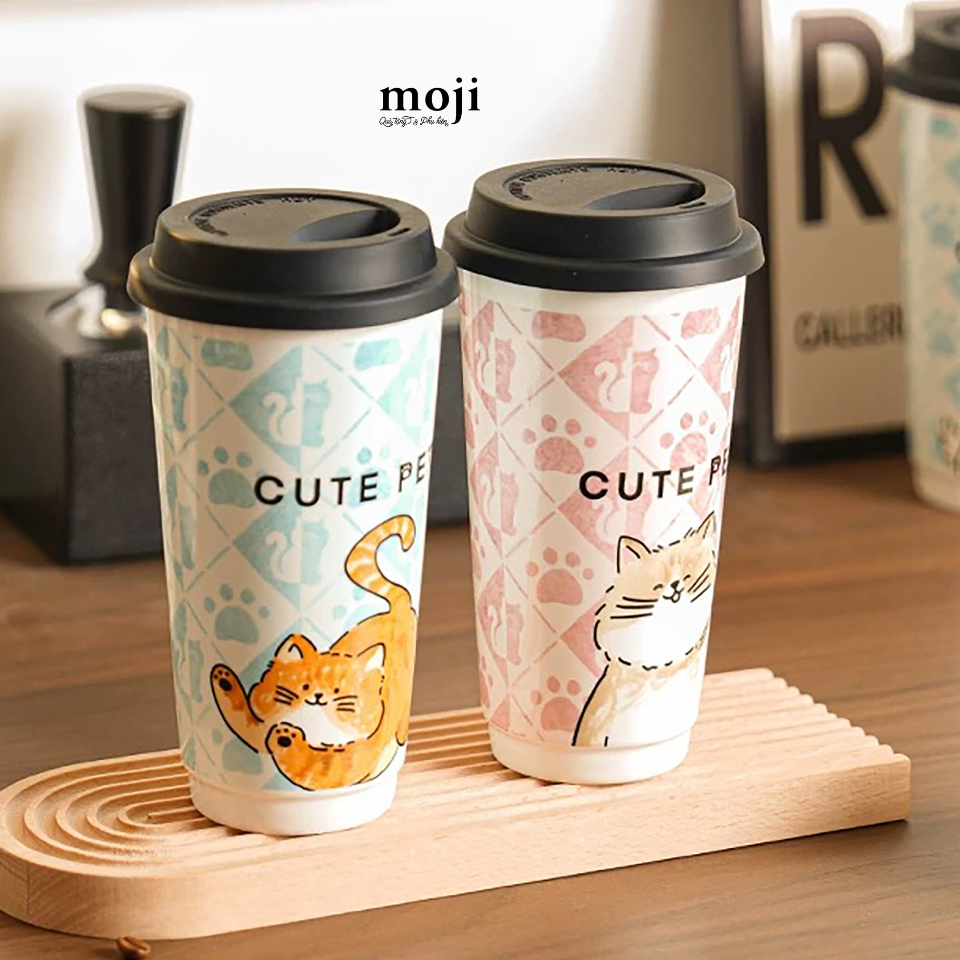 Ly cốc sứ Cute pet cat nền họa tiết kèm hộp 550ml