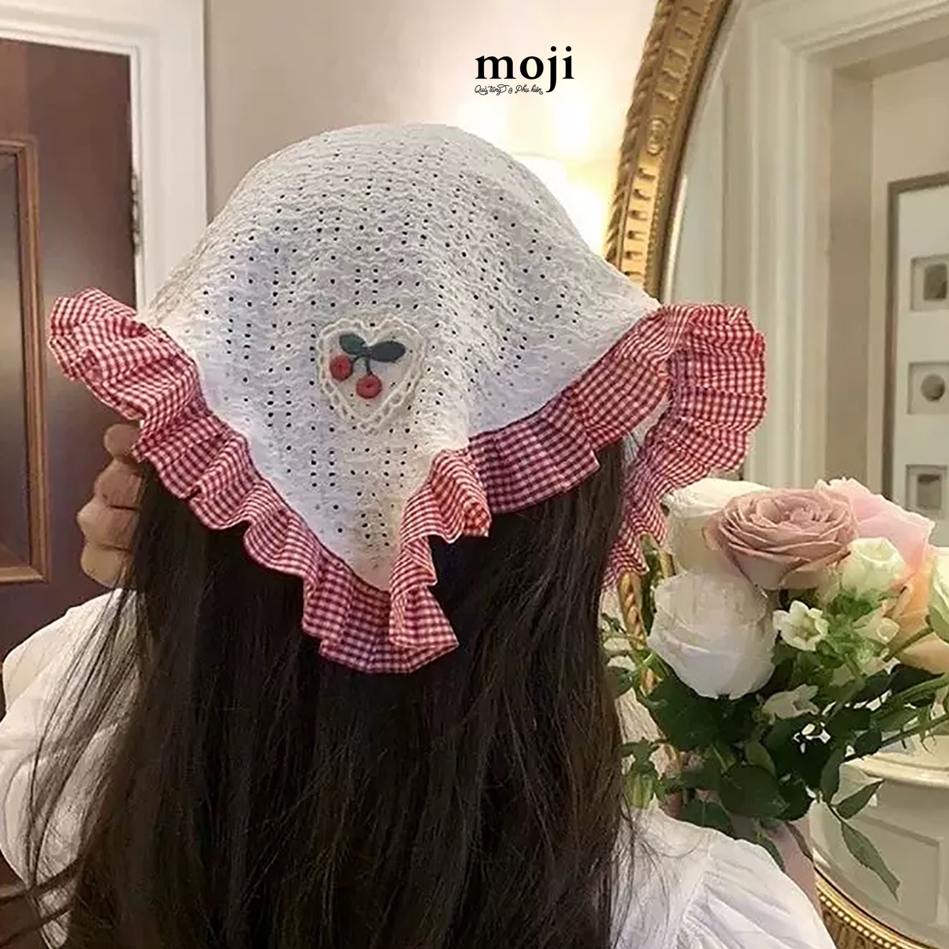 Khăn bandana sợi Little fruit cherry heart có viền kẻ ô 30x52