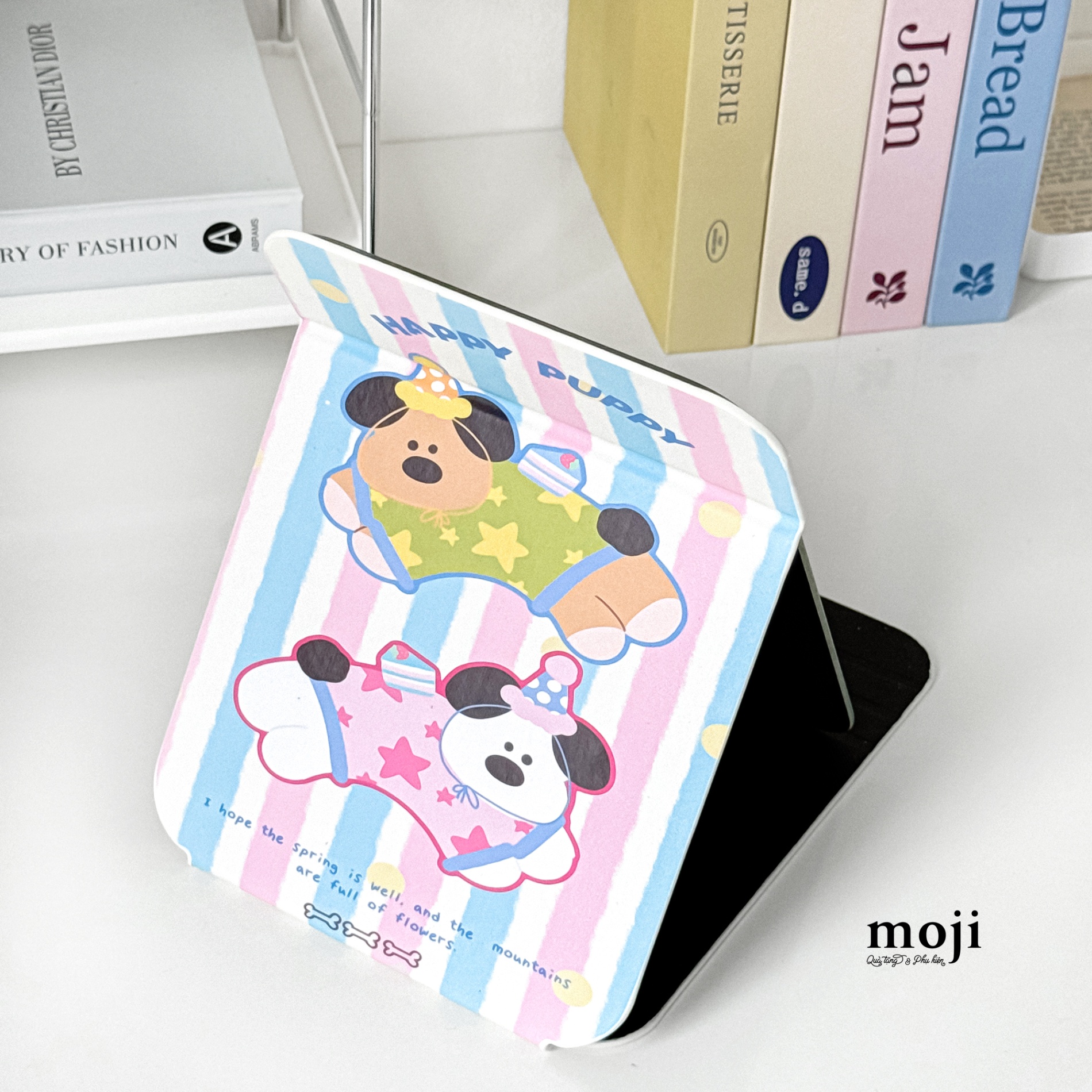Gương gập để bàn Happy puppy cute dog đội mũ party áo ngôi sao cake 15x20