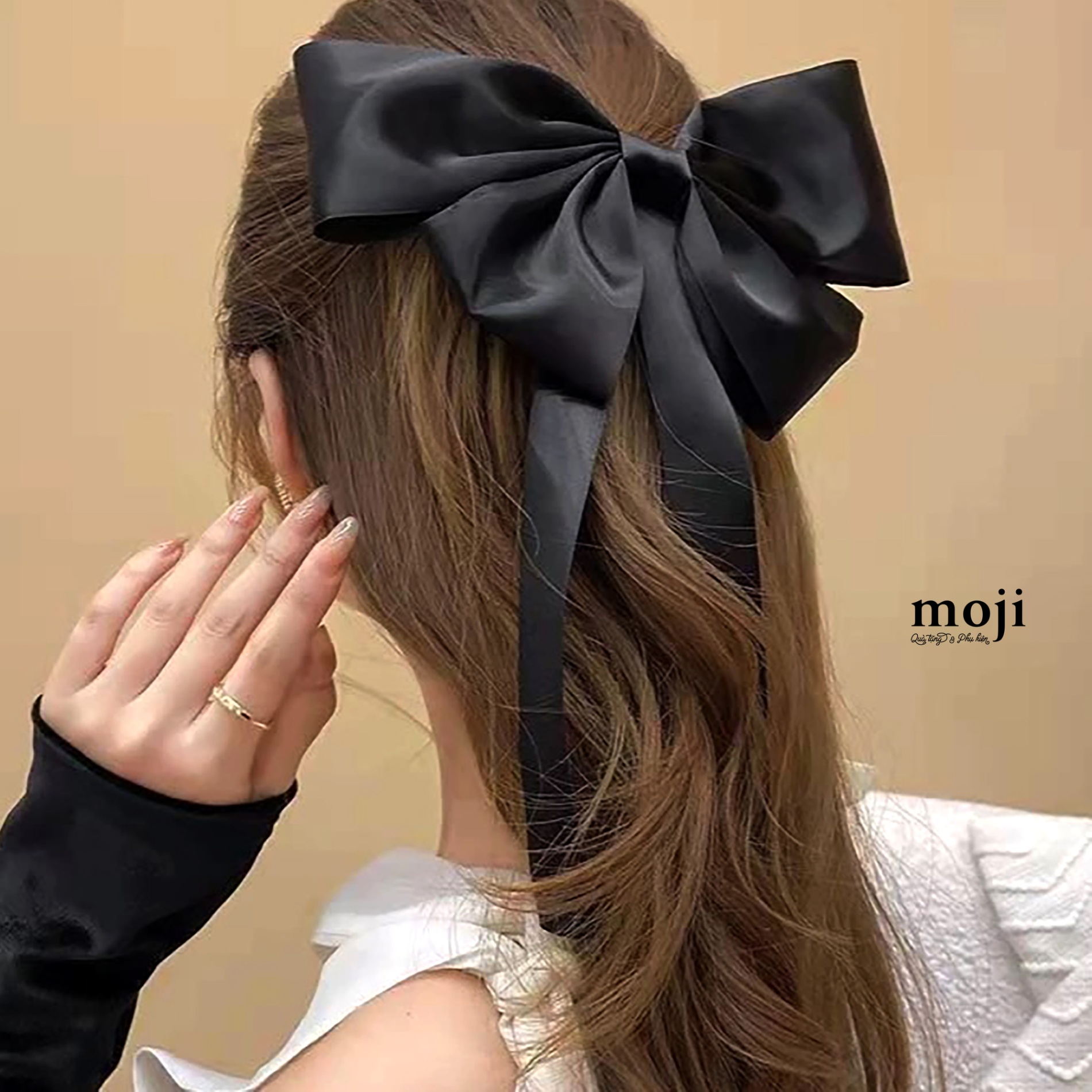 Kẹp tóc MJ Bow nơ 1 màu 2 tầng 2 dây dài