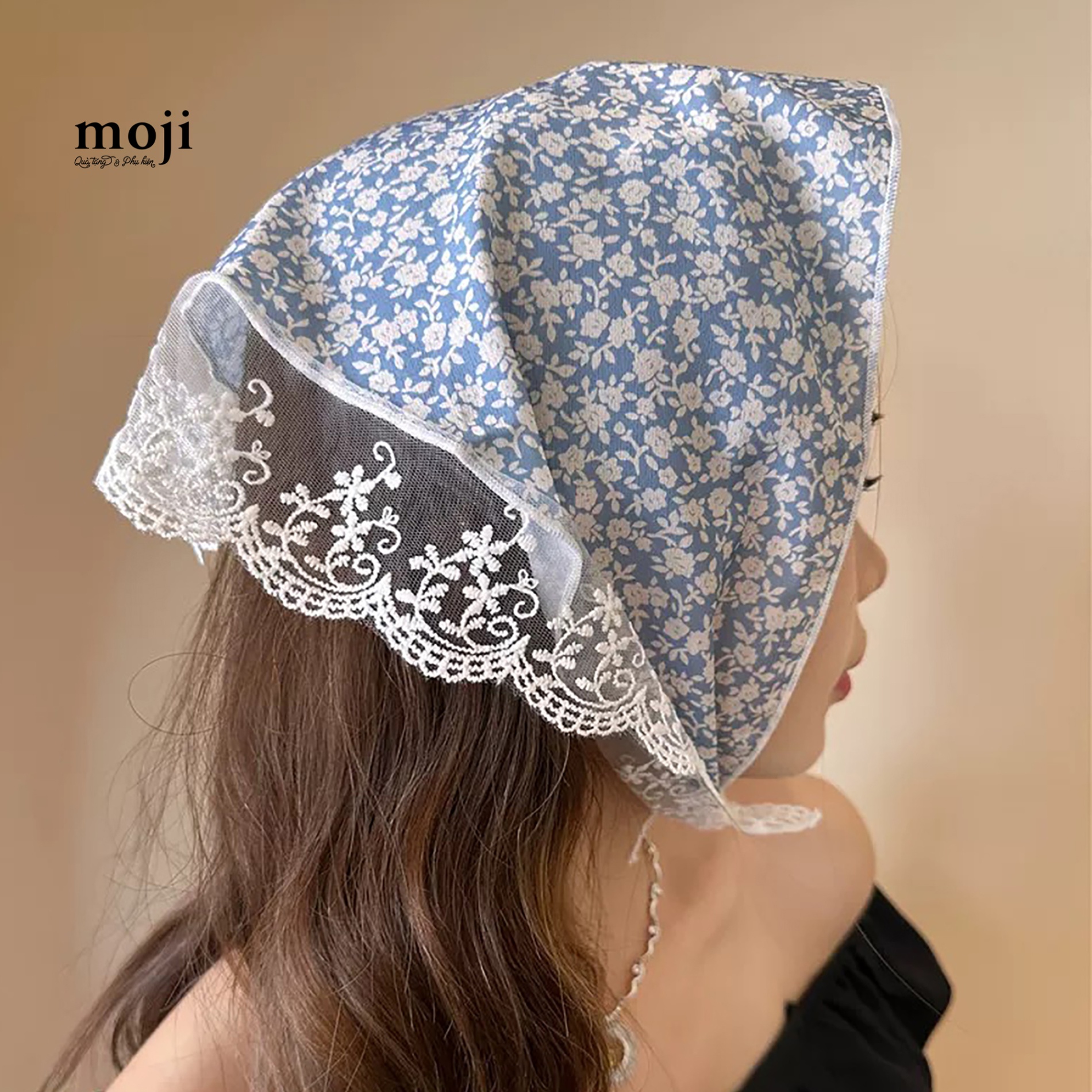 Khăn bandana sợi Little flower hoa nhỏ nền màu viền ren 30x78
