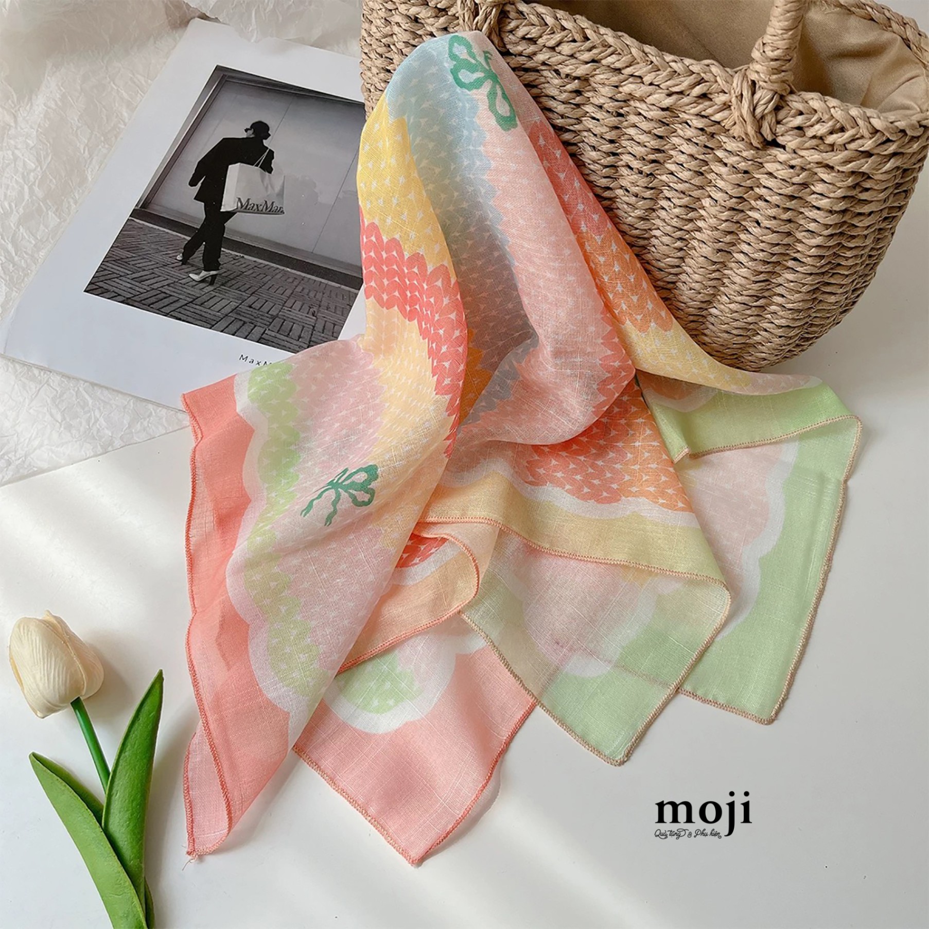 Khăn bandana sợi Little bow nơ nền màu họa tiết 55x55