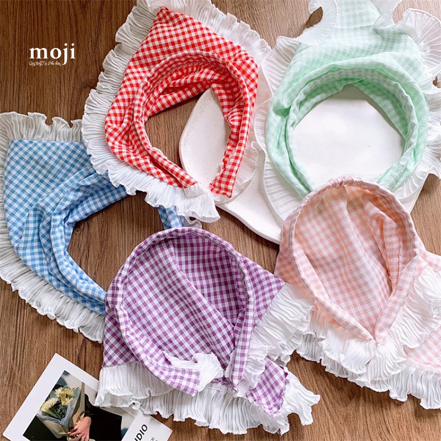 Băng đô bờm bandana Nơ nhỏ nền kẻ ô viền voan