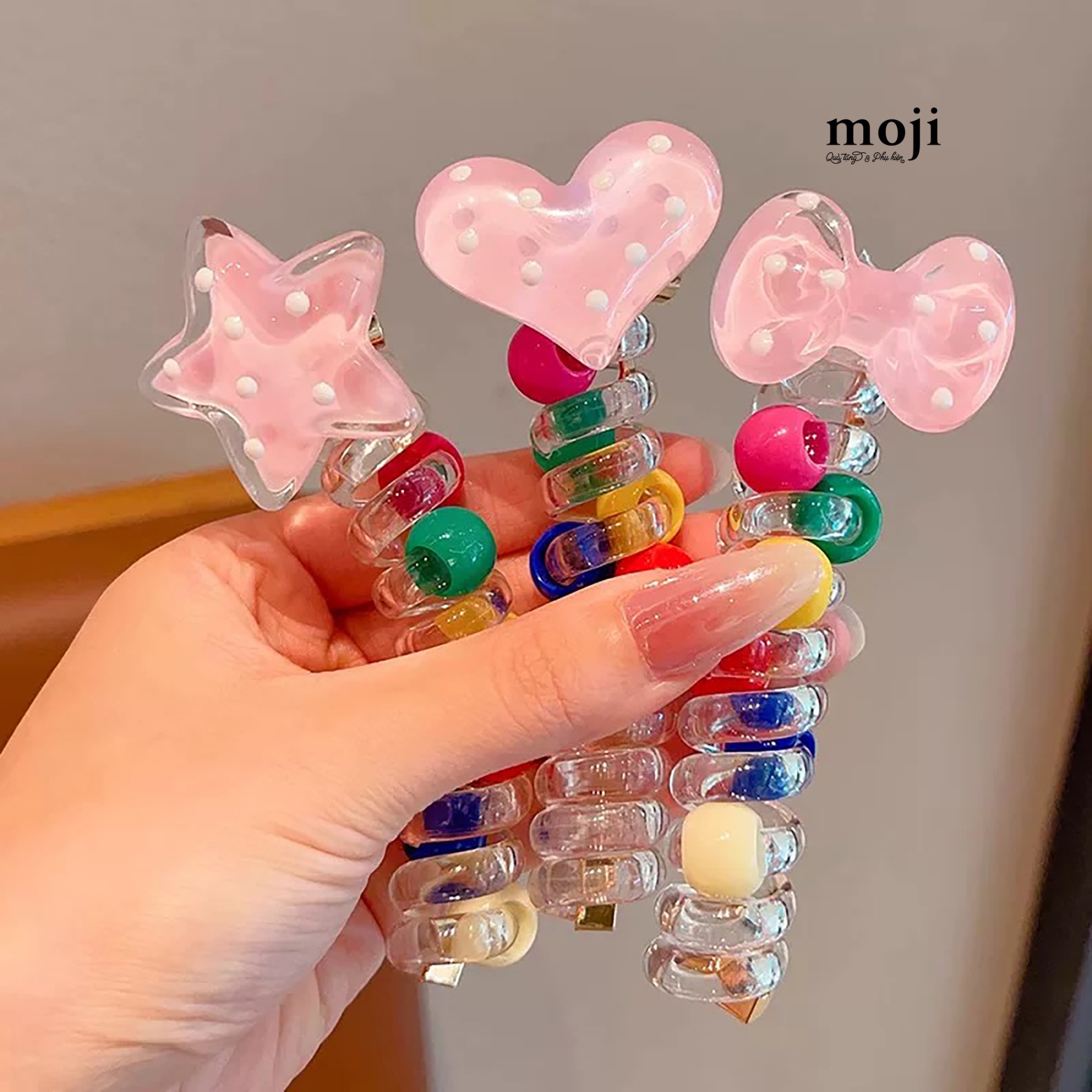 Buộc tóc lò xo Bow heart star chấm bi hạt tròn phối màu