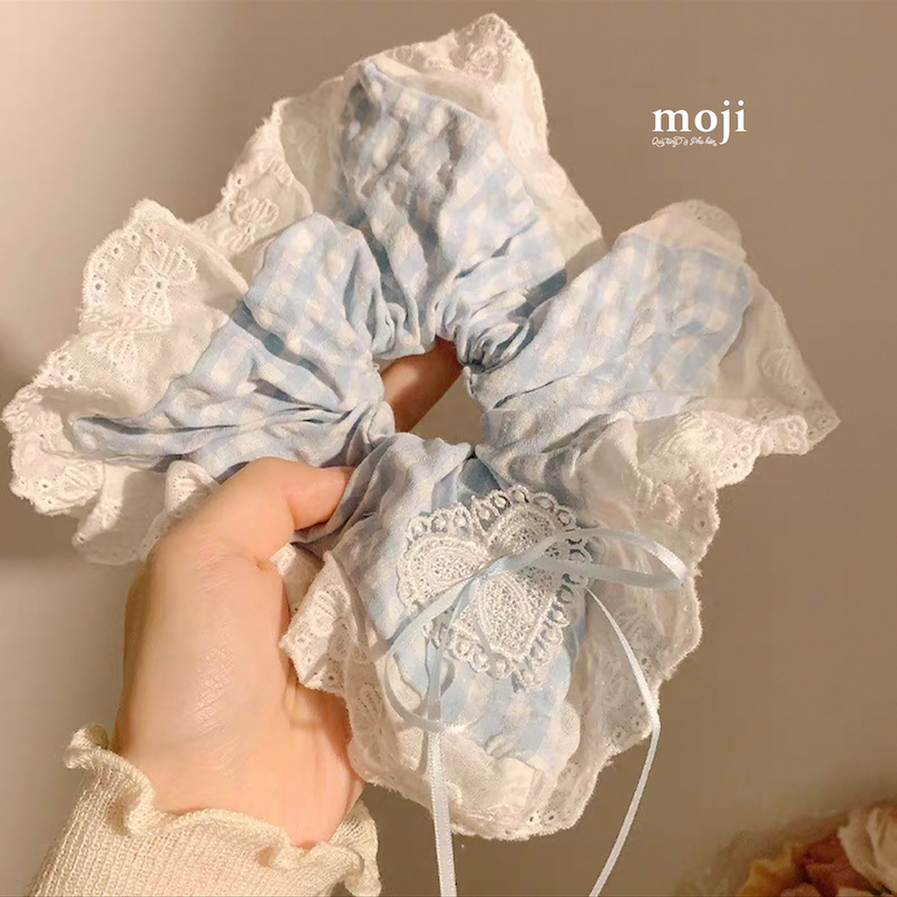 Buộc tóc scrunchies Heart bow nền kẻ ô có viền