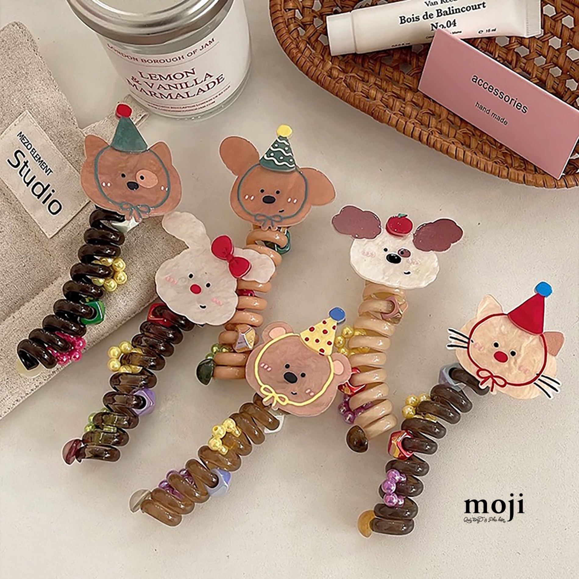 Buộc tóc lò xo Cute animal face đội mũ bow fruit phối nhiều họa tiết