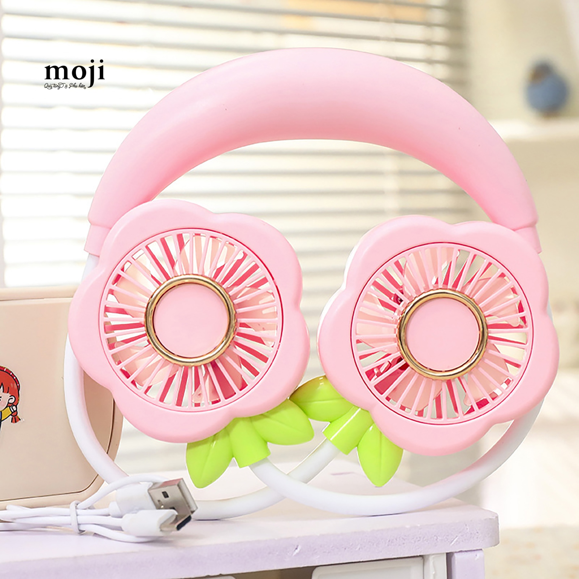 Quạt USB vòng cổ sạc tích điện Flower leaf