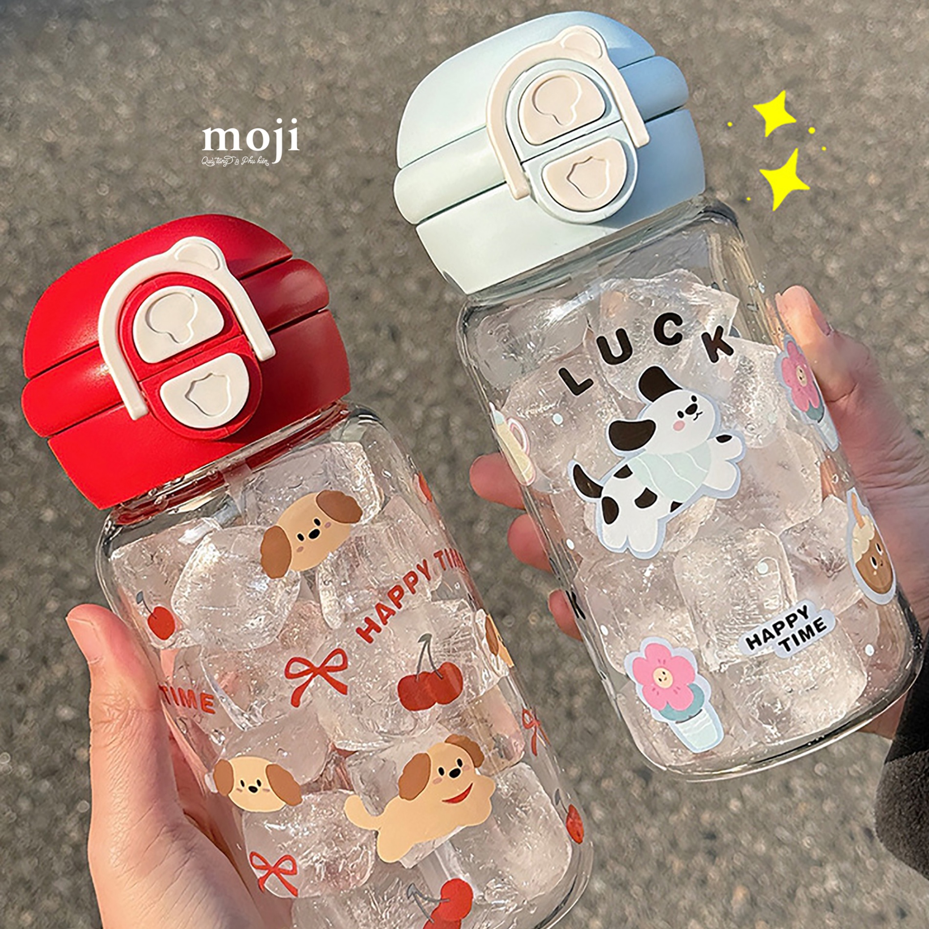 Bình nước thủy tinh Cute dog happy time flower fruit bow 500ml