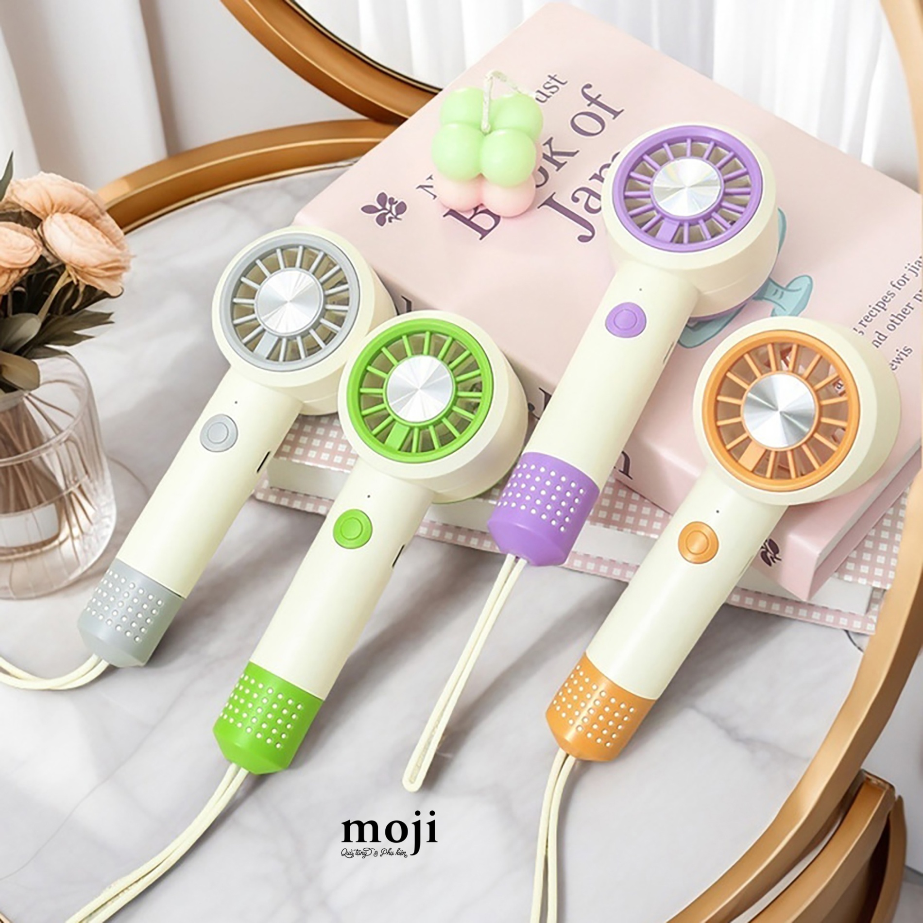 Quạt USB cầm tay sạc tích điện Vòng tròn chấm tròn phối màu