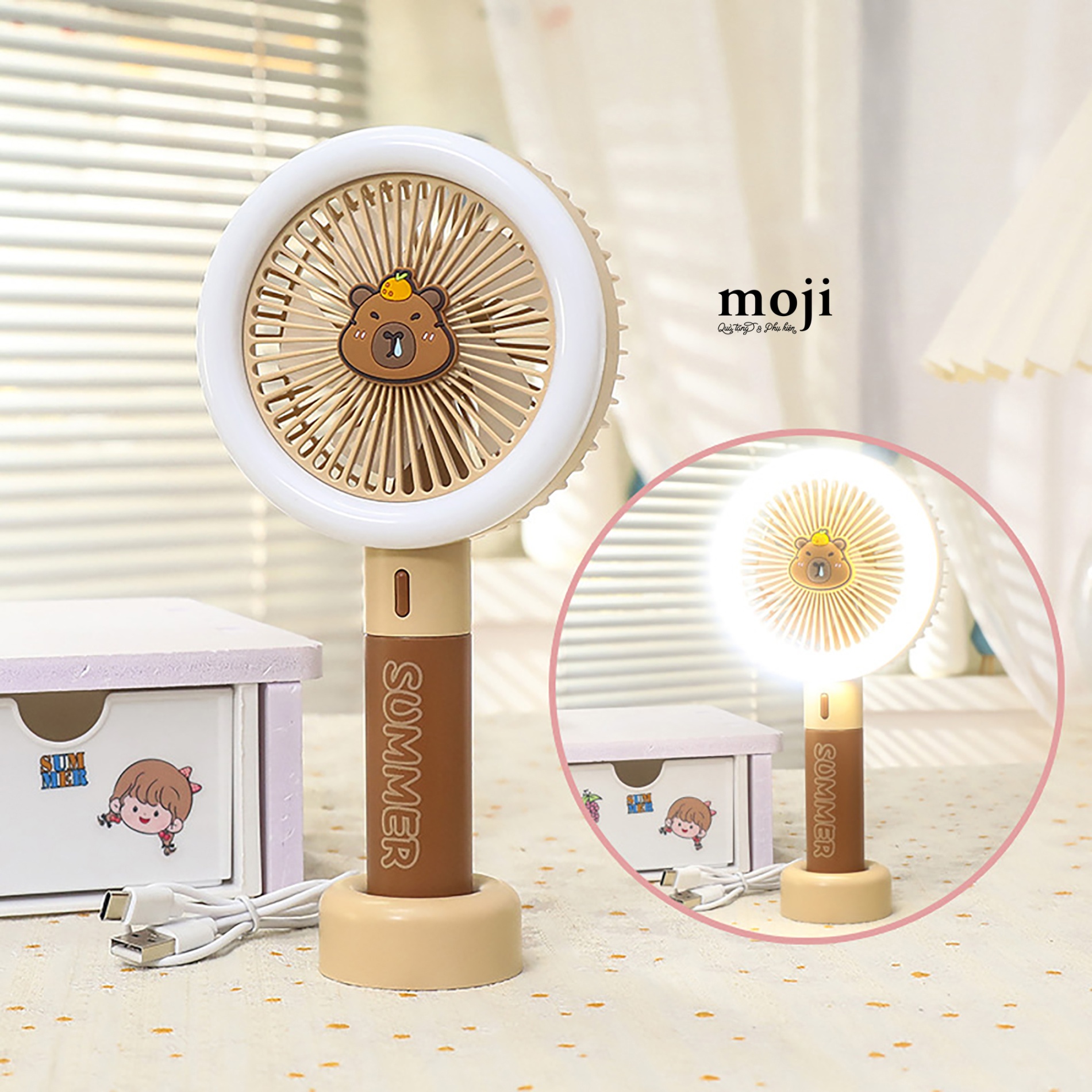 Quạt USB cầm tay sạc tích điện Capybara face fruit summer có đèn