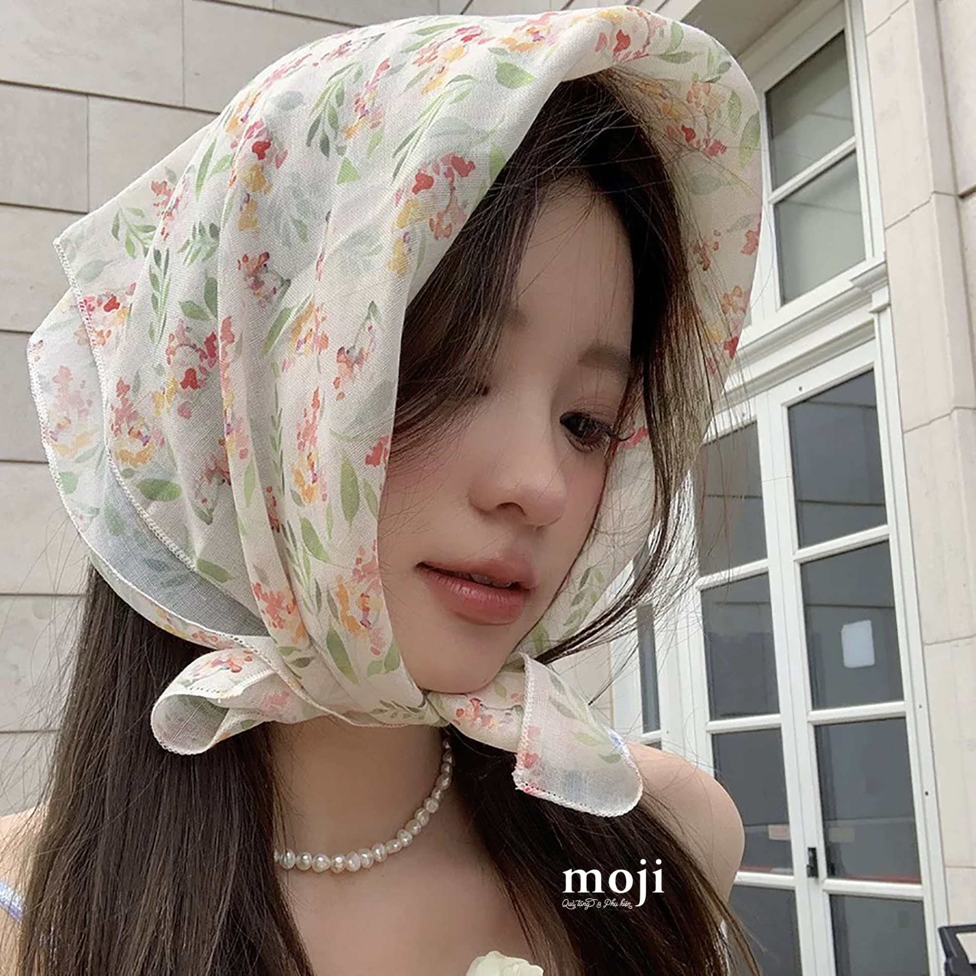 Khăn bandana sợi Colorful flower leaf lá xanh 58x58