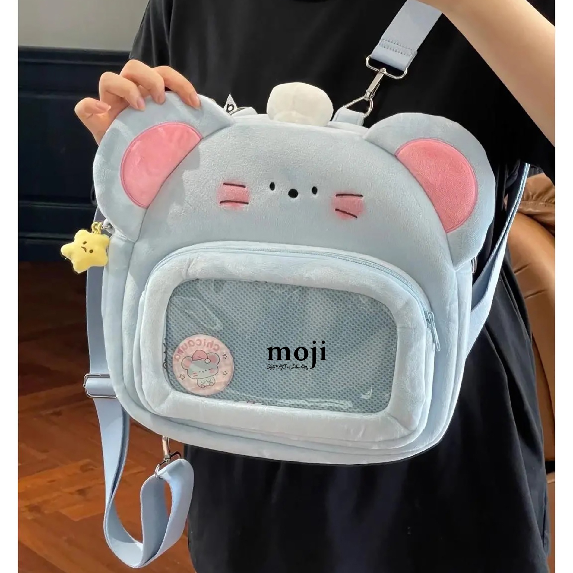 Balo vải lông xù Chef mouse chú chuột có tai phối màu 8x30x31