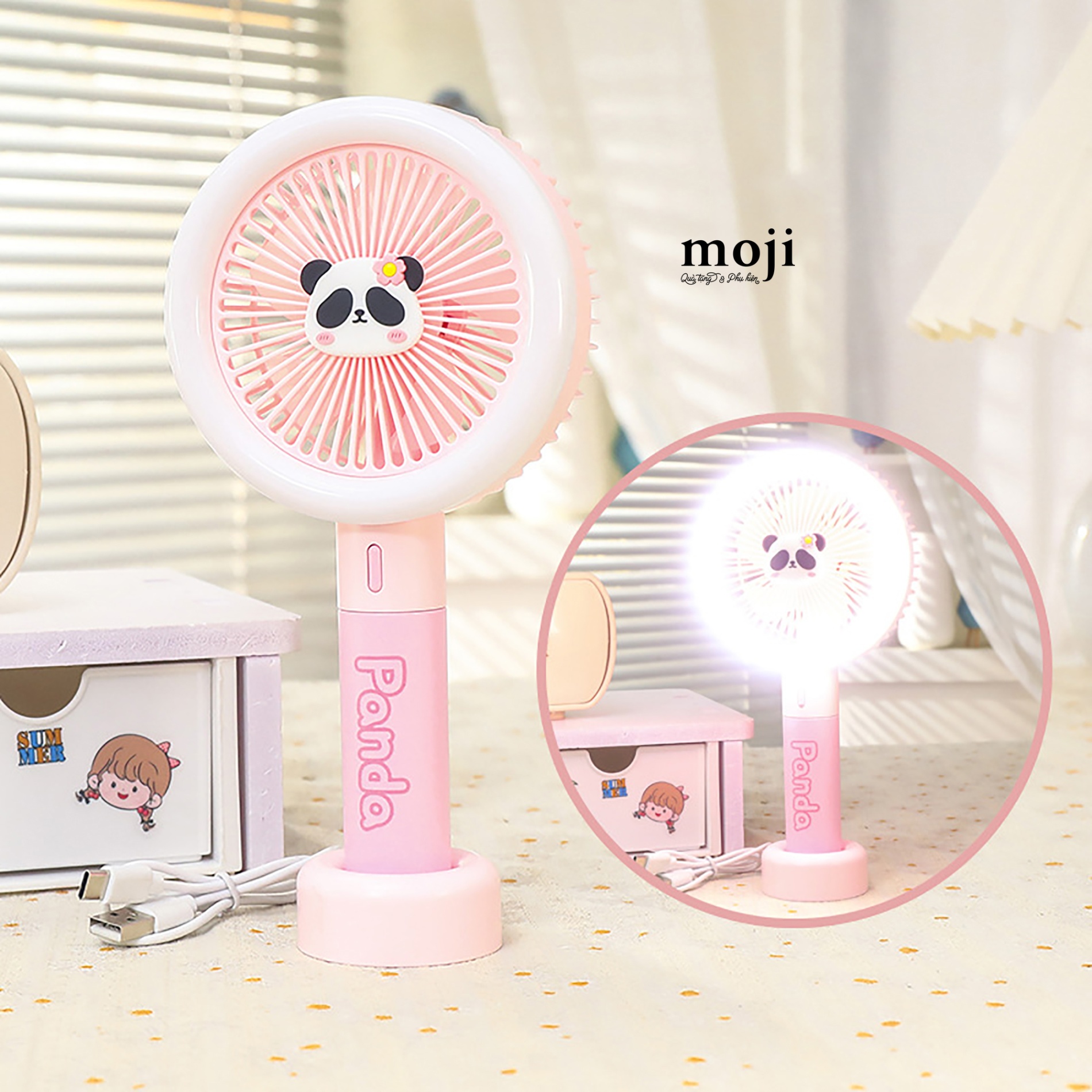 Quạt USB cầm tay sạc tích điện Gấu trúc Pandabiz flower face có đèn