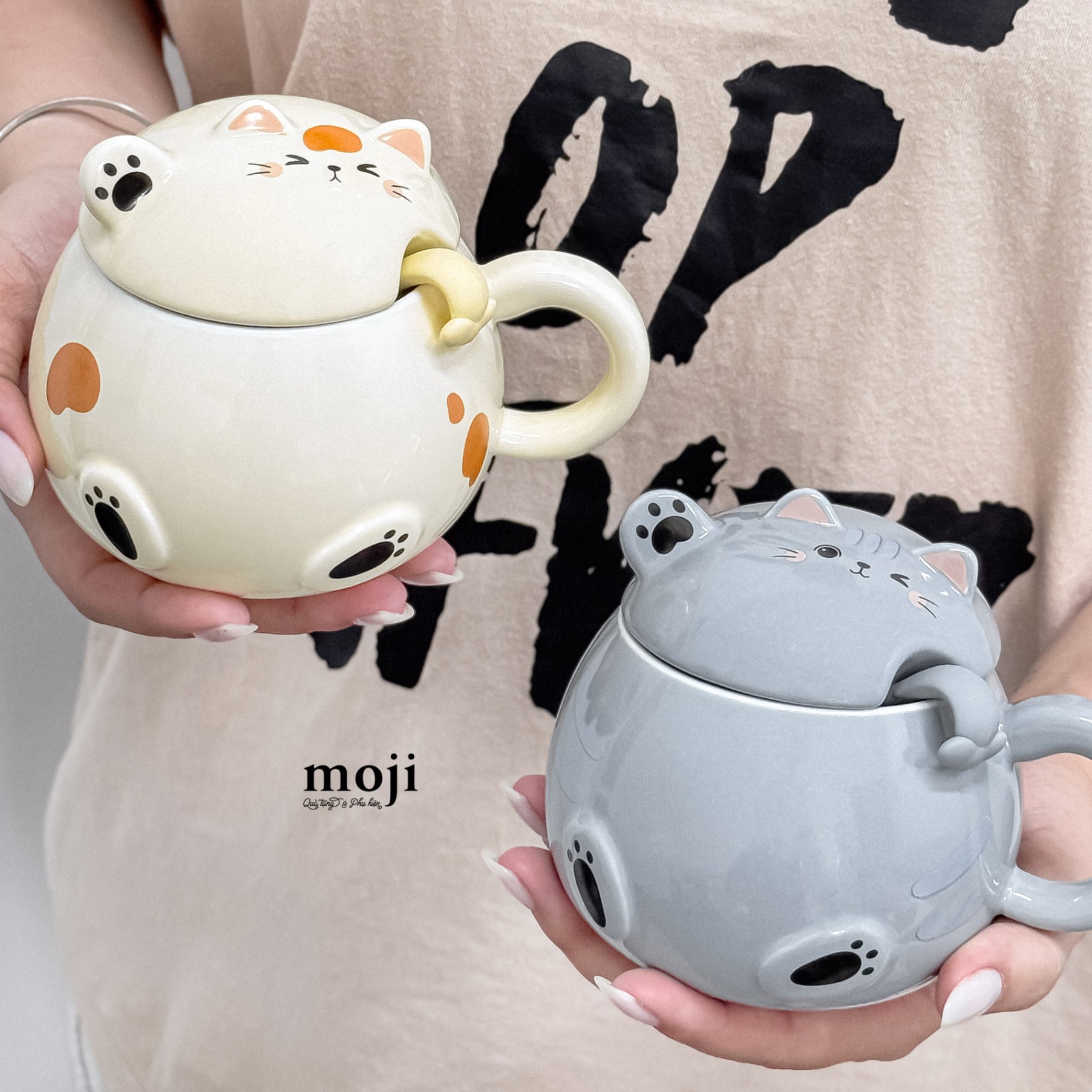 Ly cốc sứ Cat mèo béo nghiêng đầu vẫy tay 460ml