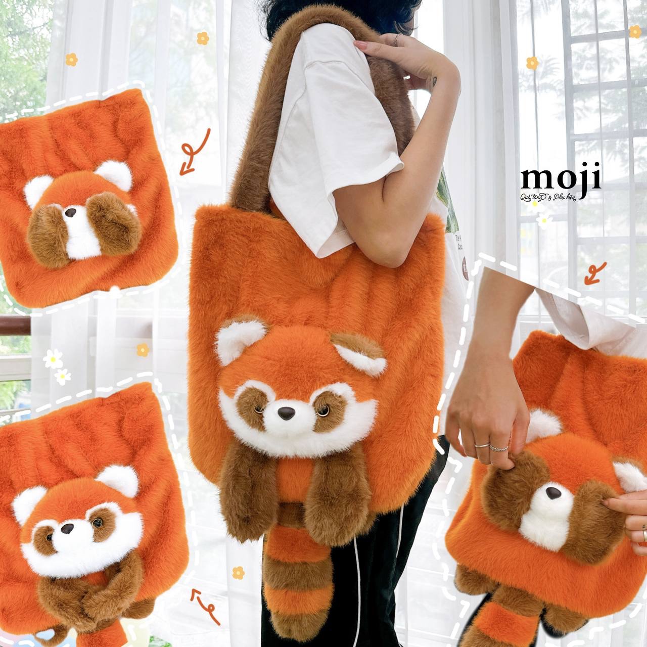 Túi đeo vải lông xù official Gấu trúc đỏ Red Panda Prince face nổi có đuôi dài 35x35