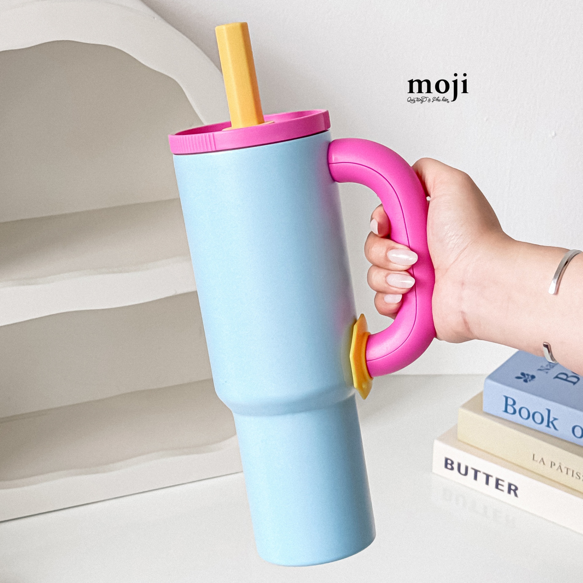 Ly cốc giữ nhiệt lớn Basic color phối màu kèm ống hút 1050ml