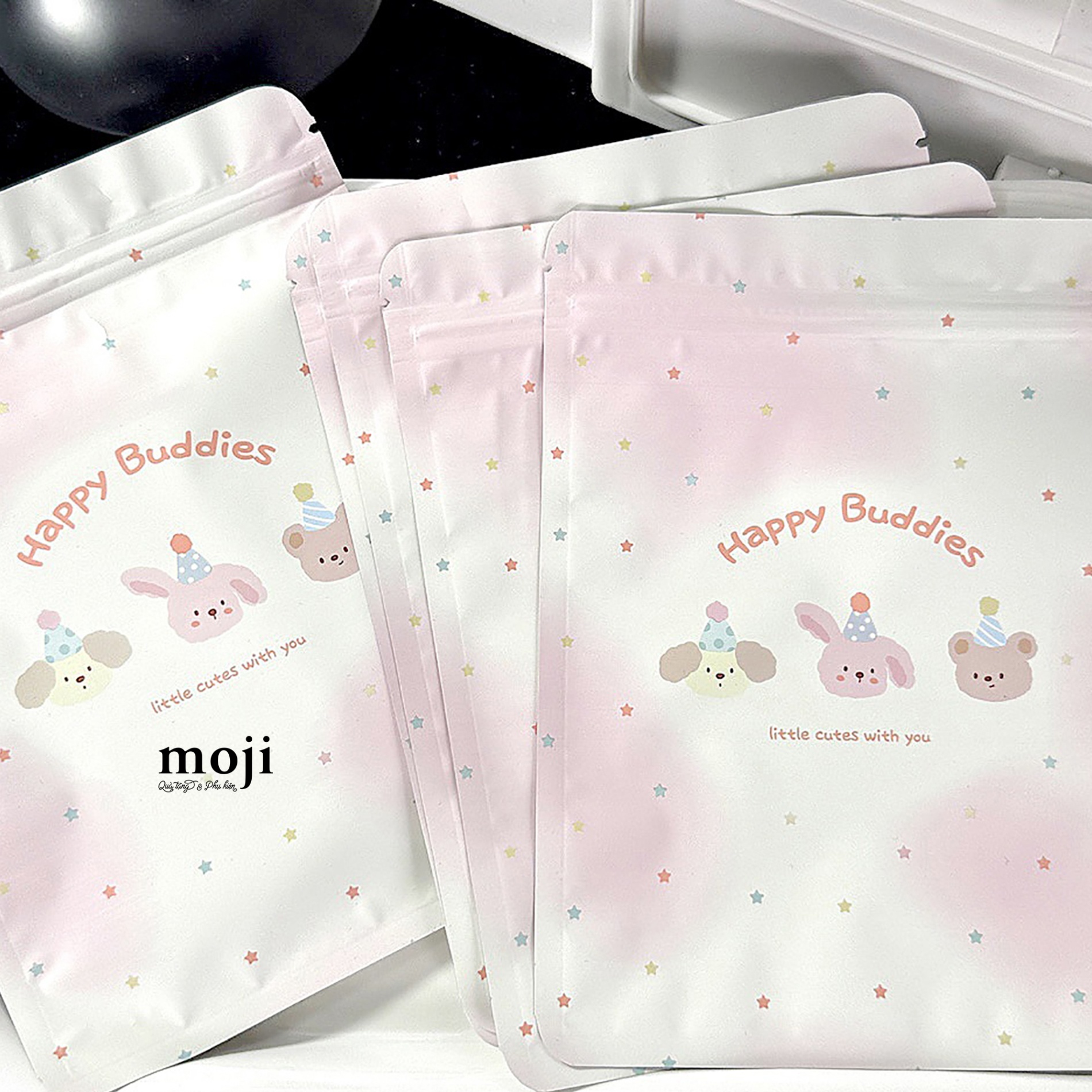 Túi zip đa năng Cute animal đội mũ party happy buddies nền ngôi sao 15x20 set10