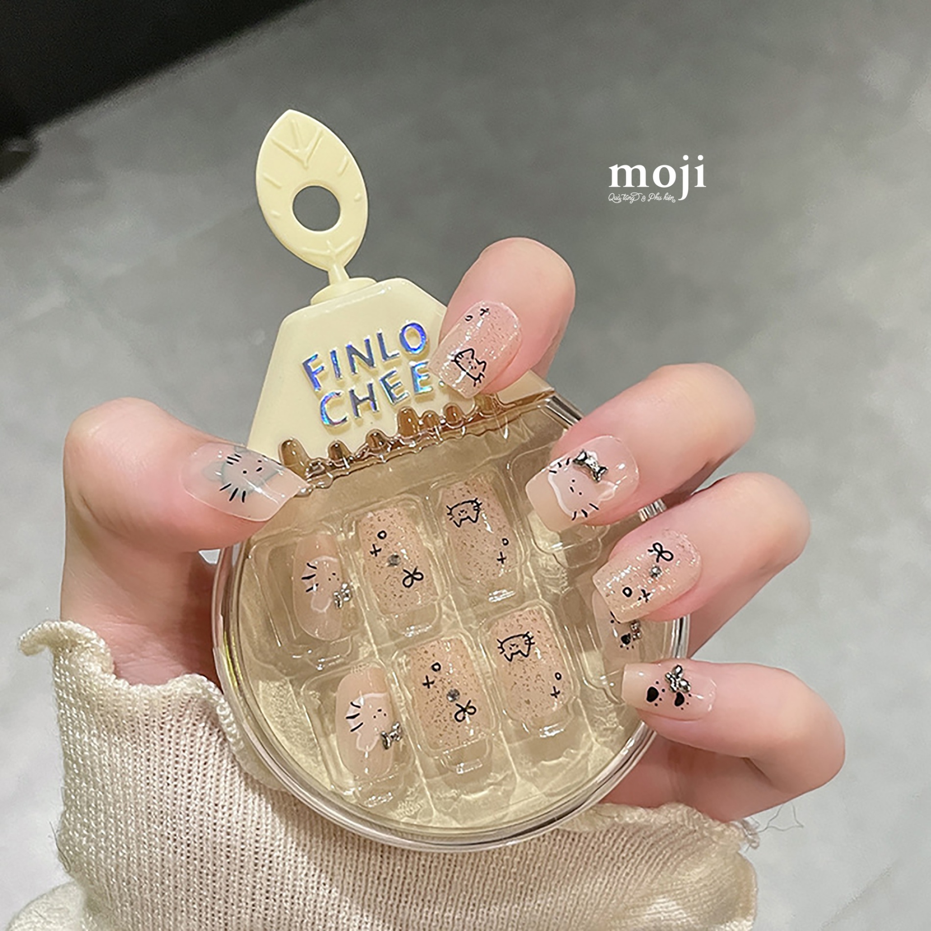 Móng tay giả đính chi tiết nổi Cute cat face paw bow kèm keo 12052025 set30
