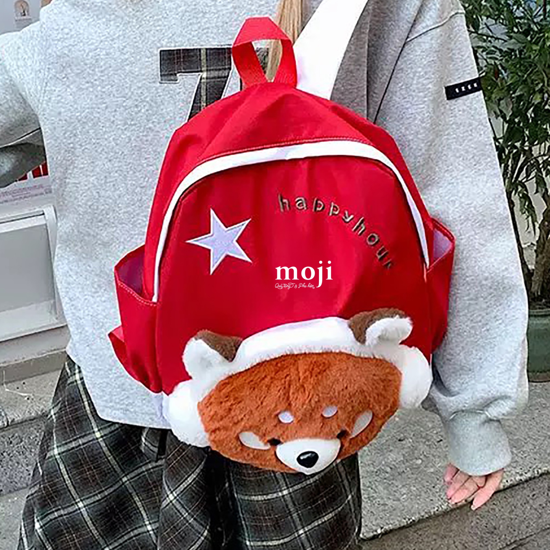 Balo vải Happy gấu trúc đỏ Red Panda face cục bông đeo tai nghe 27x32