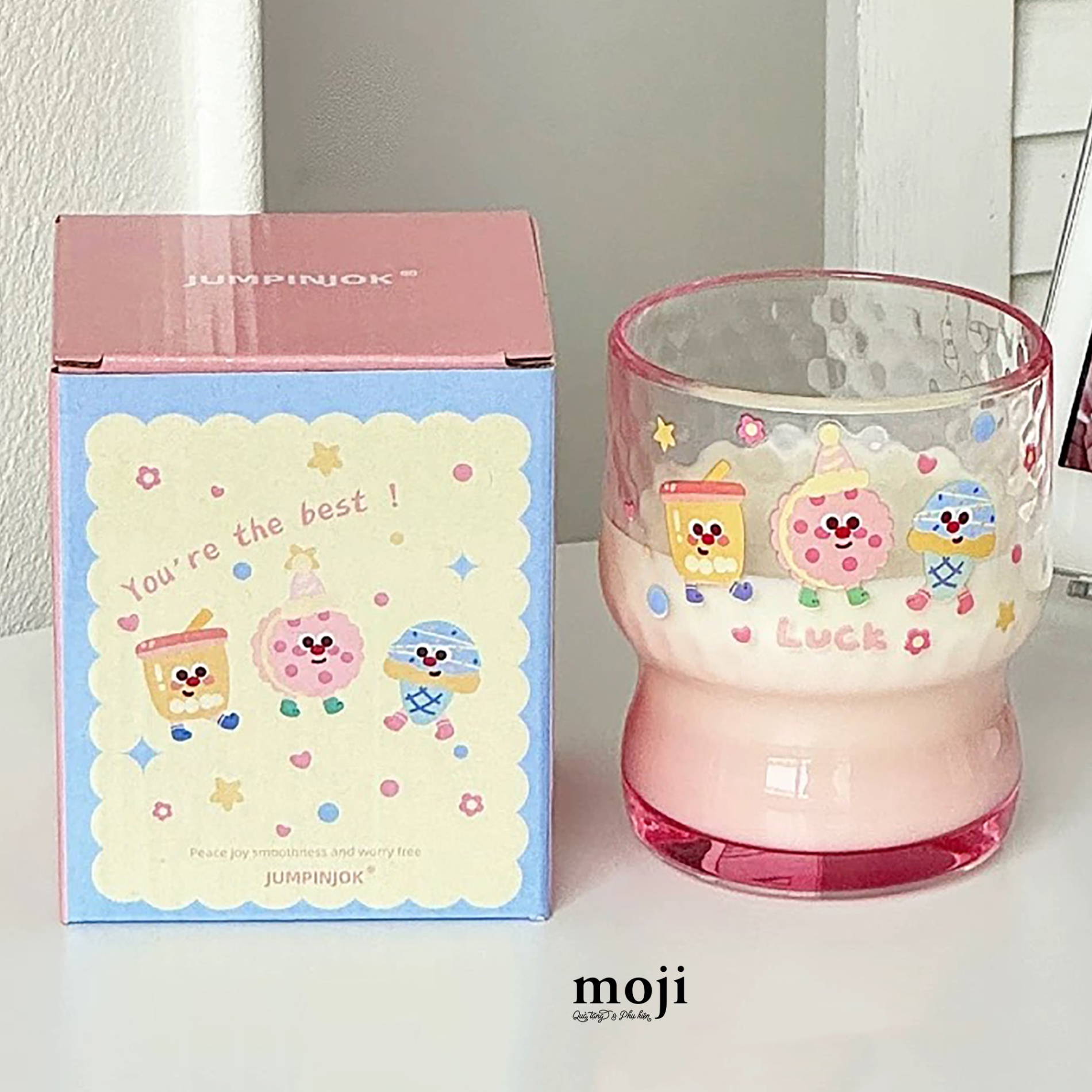 Ly cốc thủy tinh Luck food milk tea bước đi 300ml