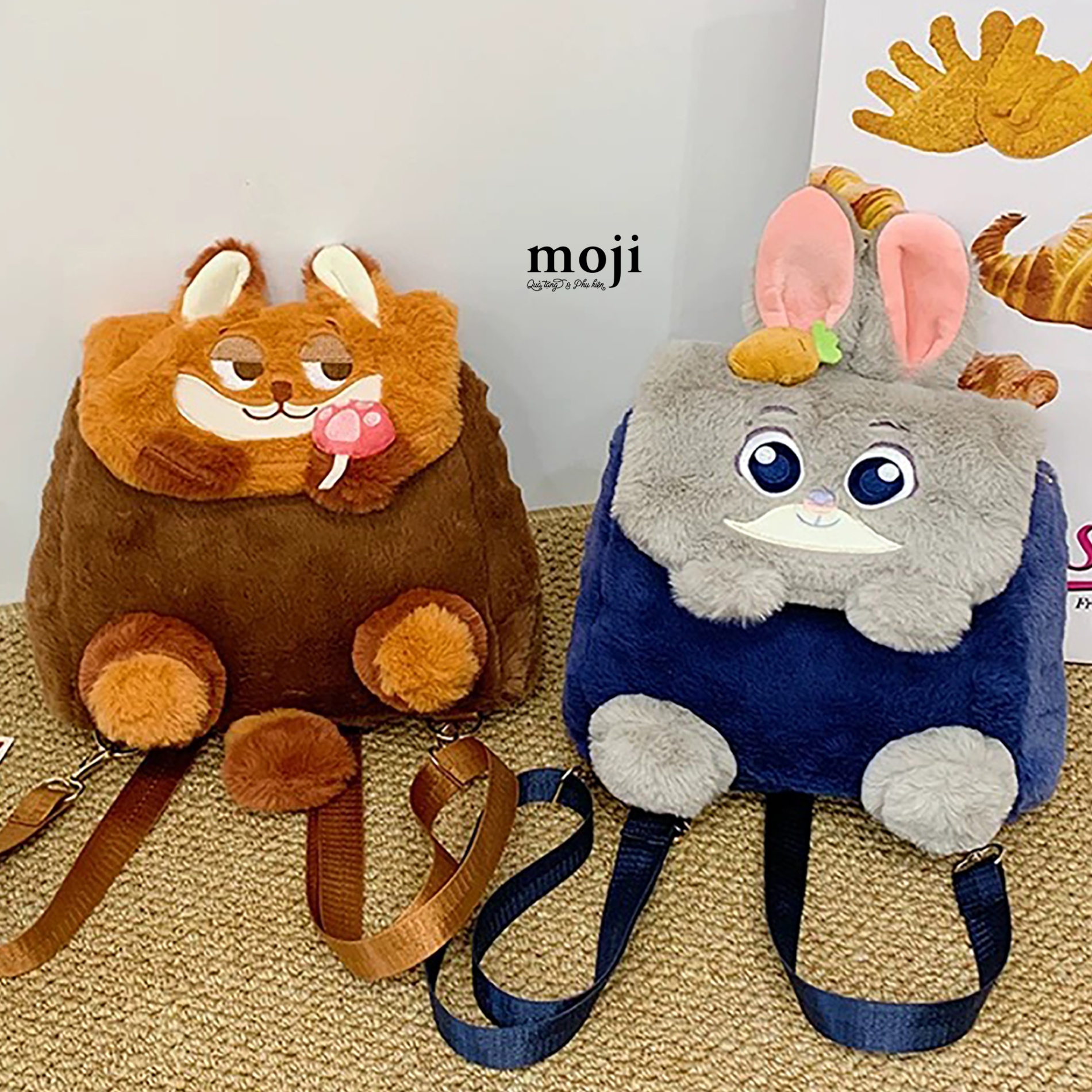 Balo vải lông xù Zootopia Judy Nick face có tai candy carrot chân nổi 20x24