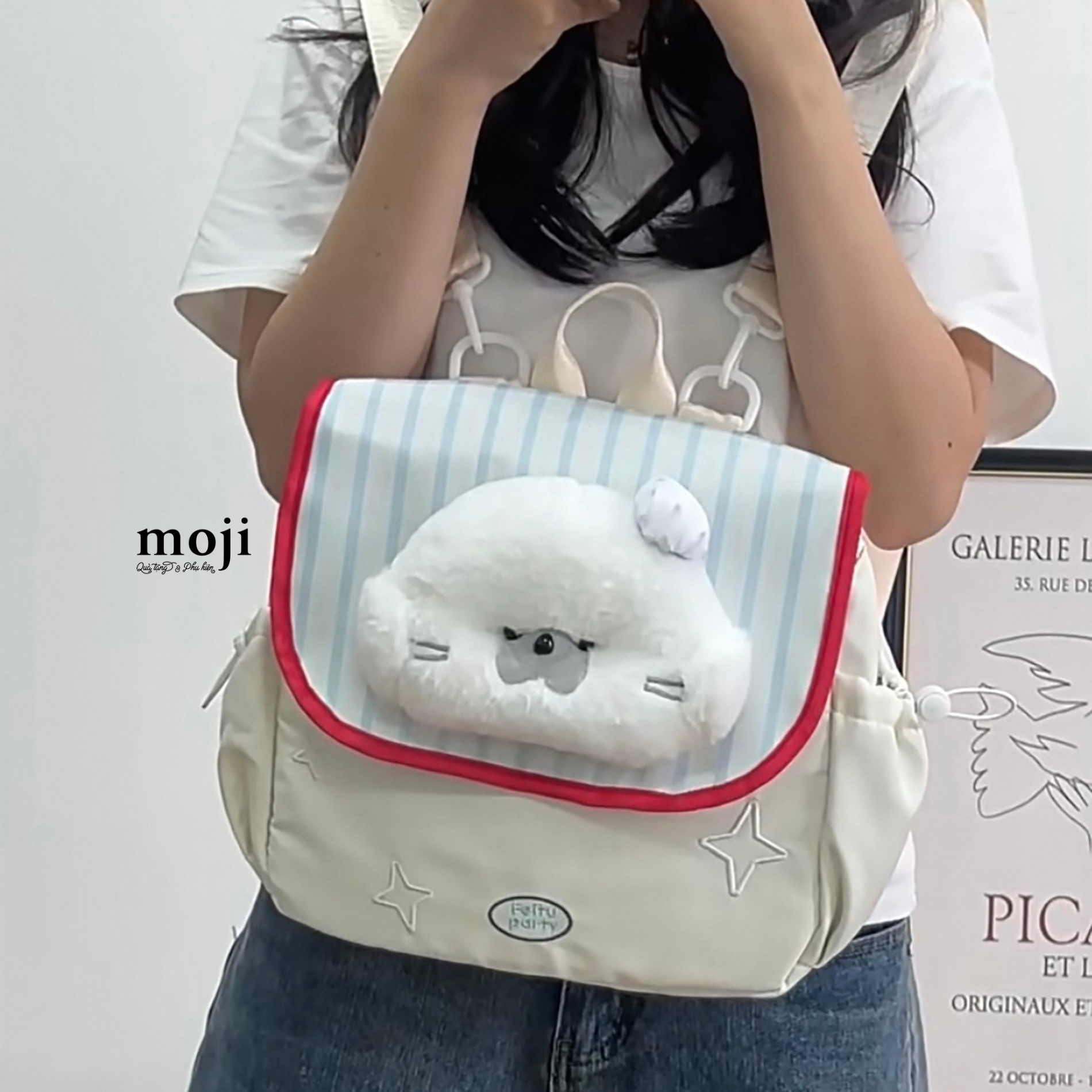 Balo vải Baby bear otter rái cá face đội mũ nền kẻ sọc 25x30