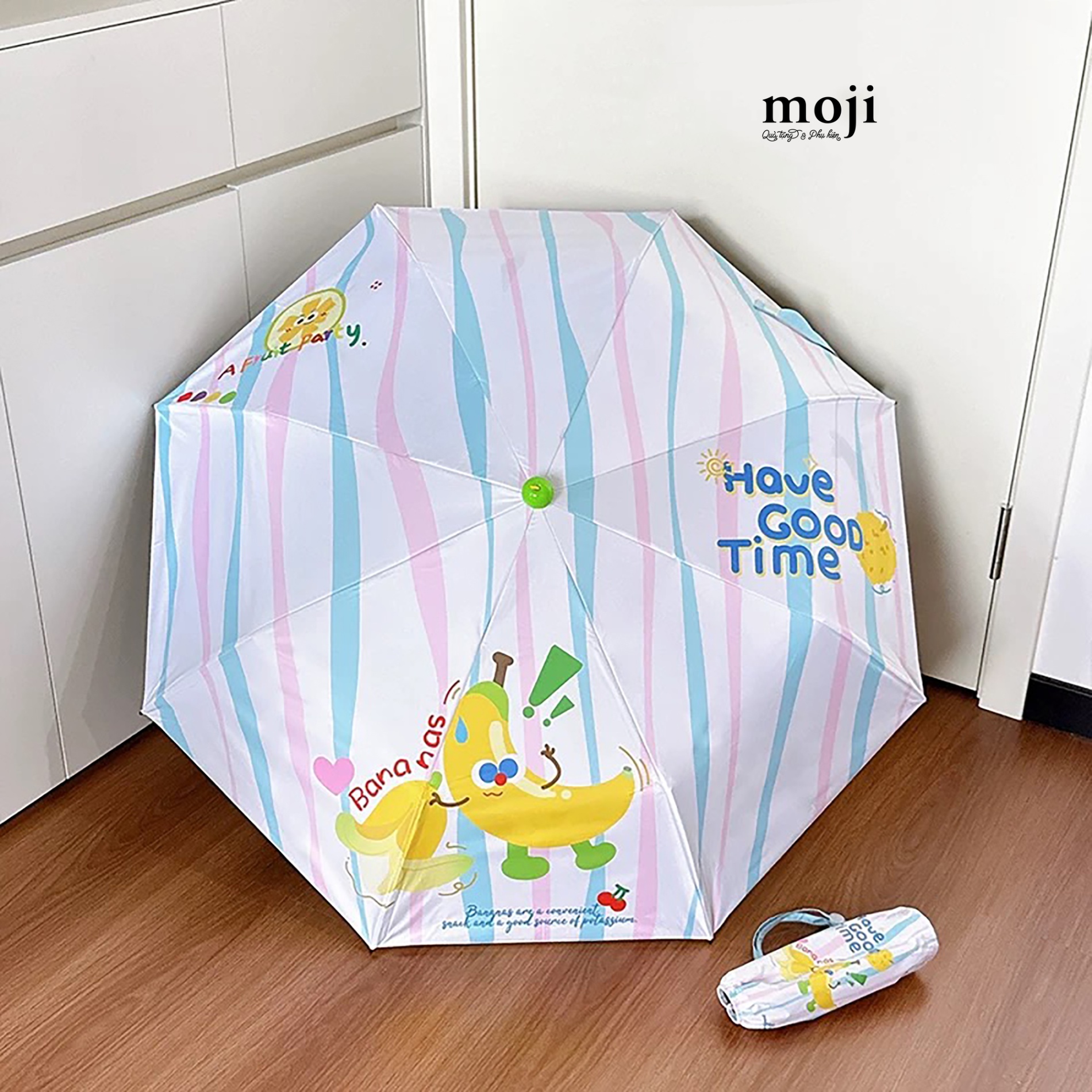 Ô dù gập chống UV A fruit party apple banana tay cầm dáng ủng