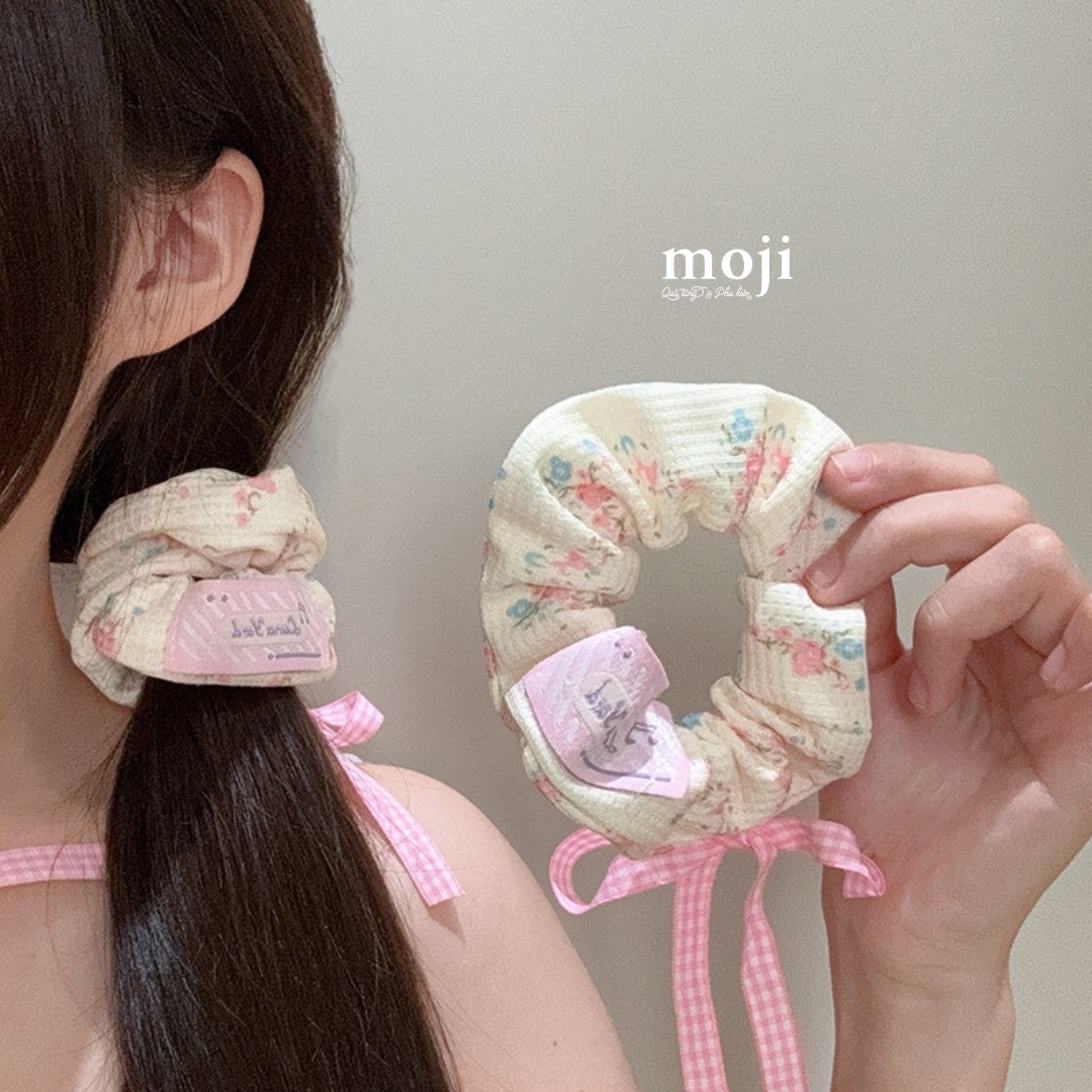Buộc tóc scrunchies Flower hoa nhỏ ô vuông thắt nơ dây dài