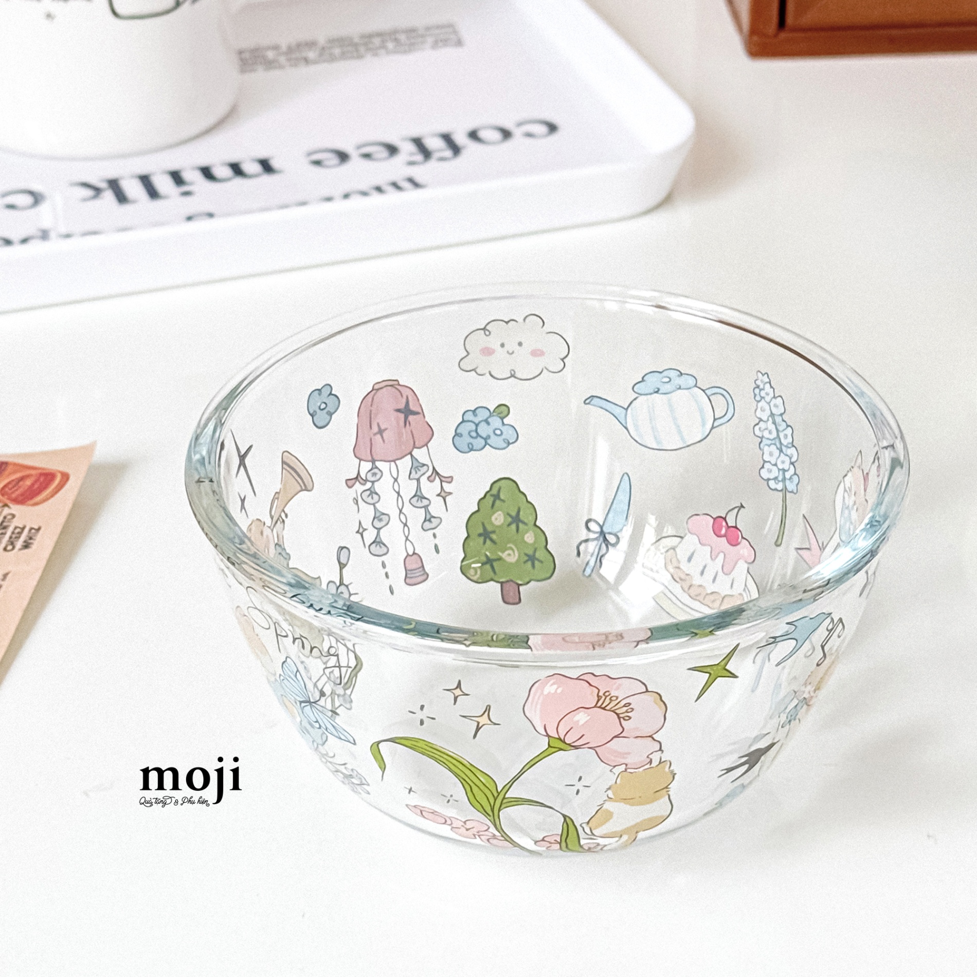 Chén bát thủy tinh Cute cat flower spring 7x13